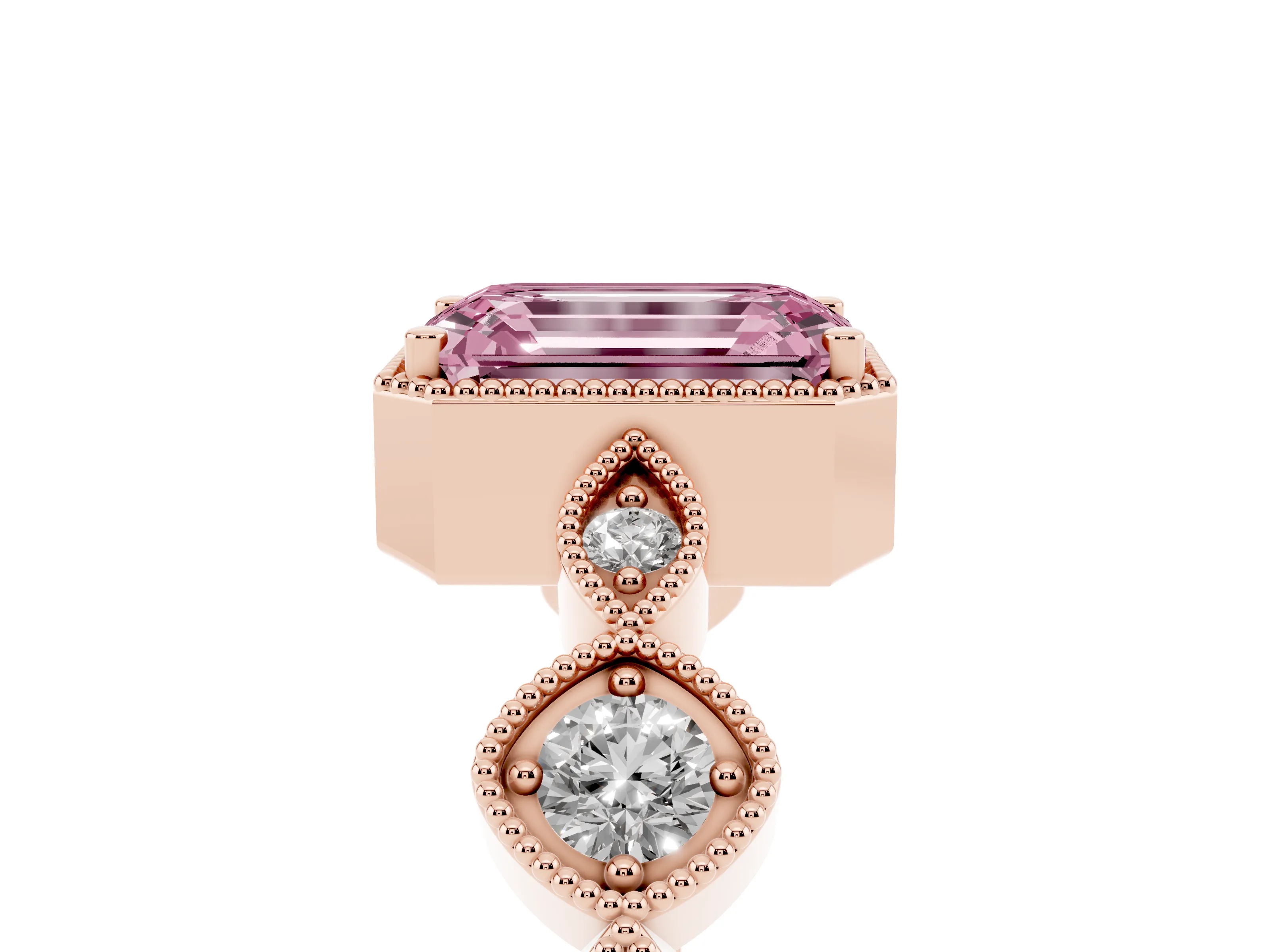 Fancy Pink Emerald Cut Diamond Vintage-Inspired Milgrain Ring Set in Rose gold with Marquise Stations of Round Accents