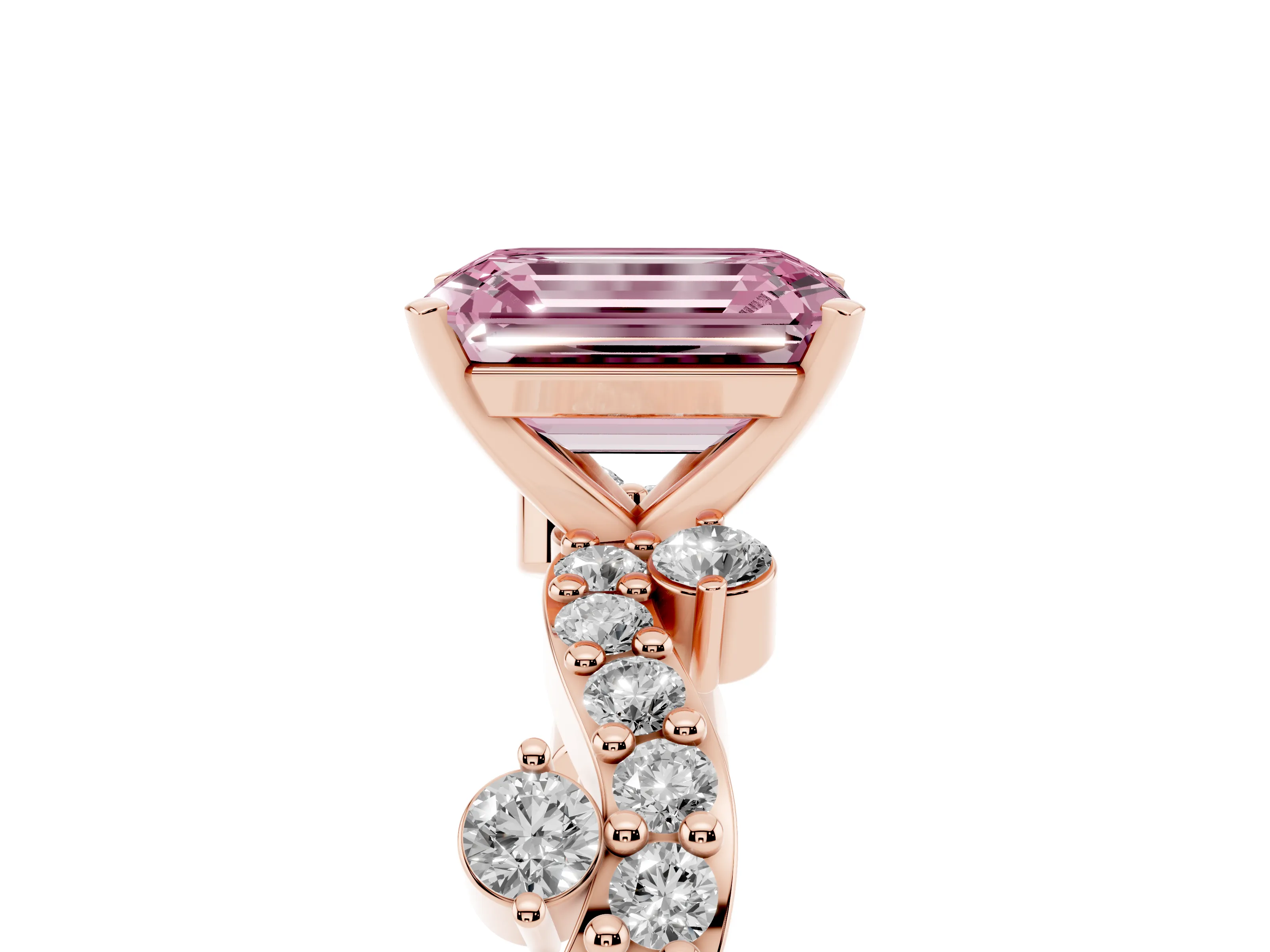 Fancy Pink Emerald Cut Diamond Solitaire Twisted Band Set in Rose gold with Pavé Setting