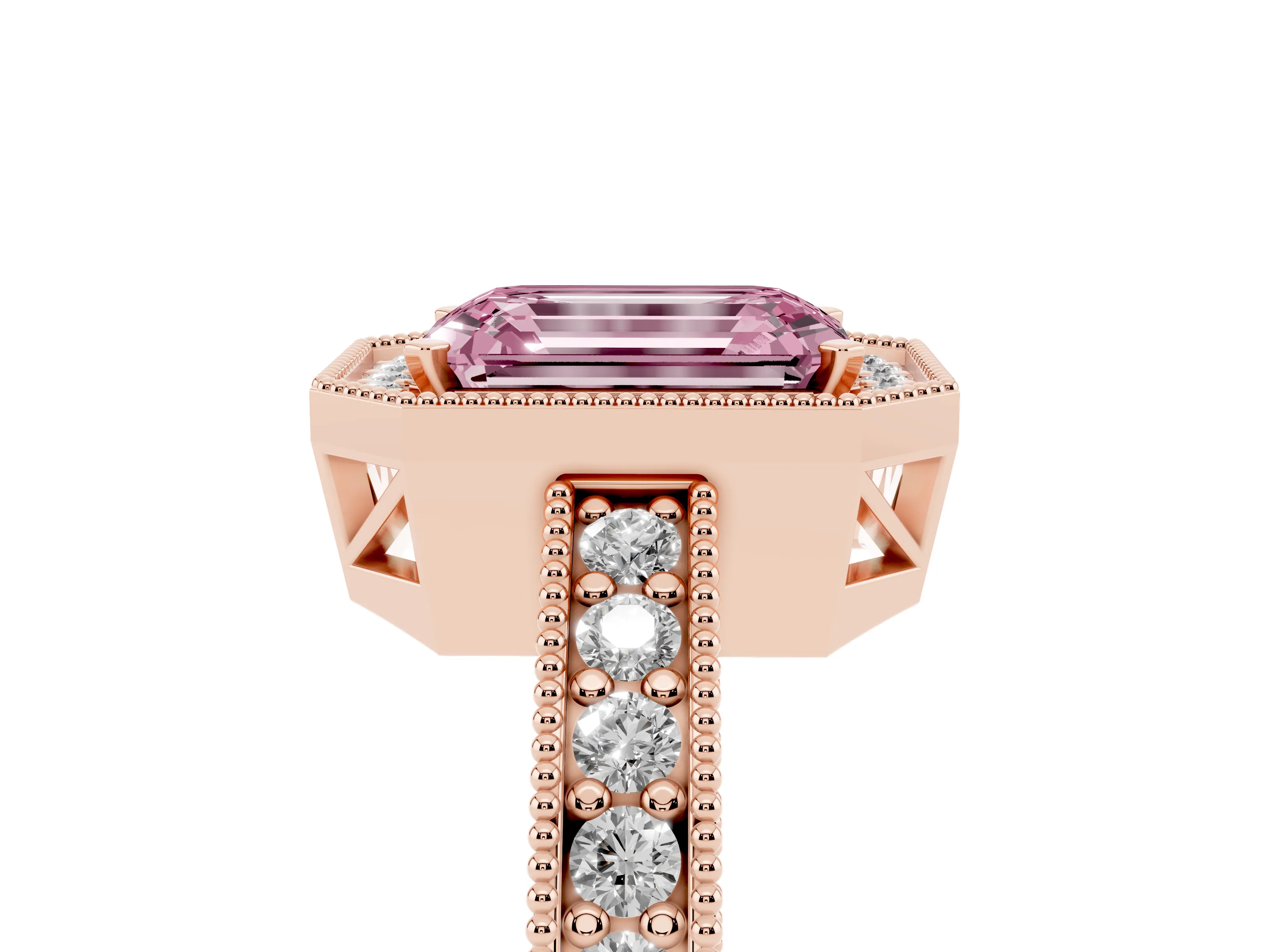 Fancy Pink Emerald Cut Diamond Halo Pavé Band Ring Set in Rose gold with Prong-Set Center