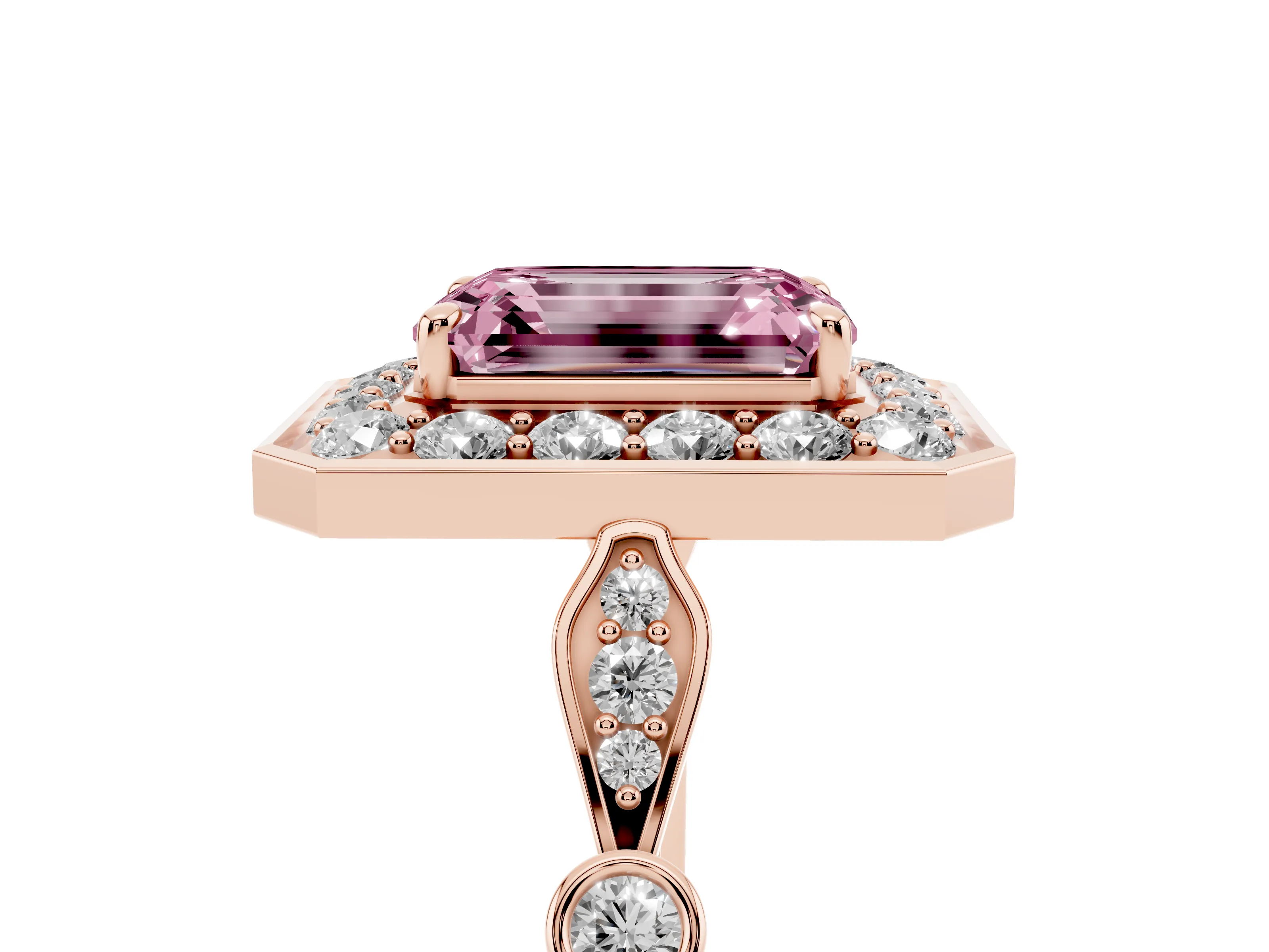 Fancy Pink Emerald Cut Diamond Halo Engagement Ring Set in Rose gold with Twisted Band and Prong Setting
