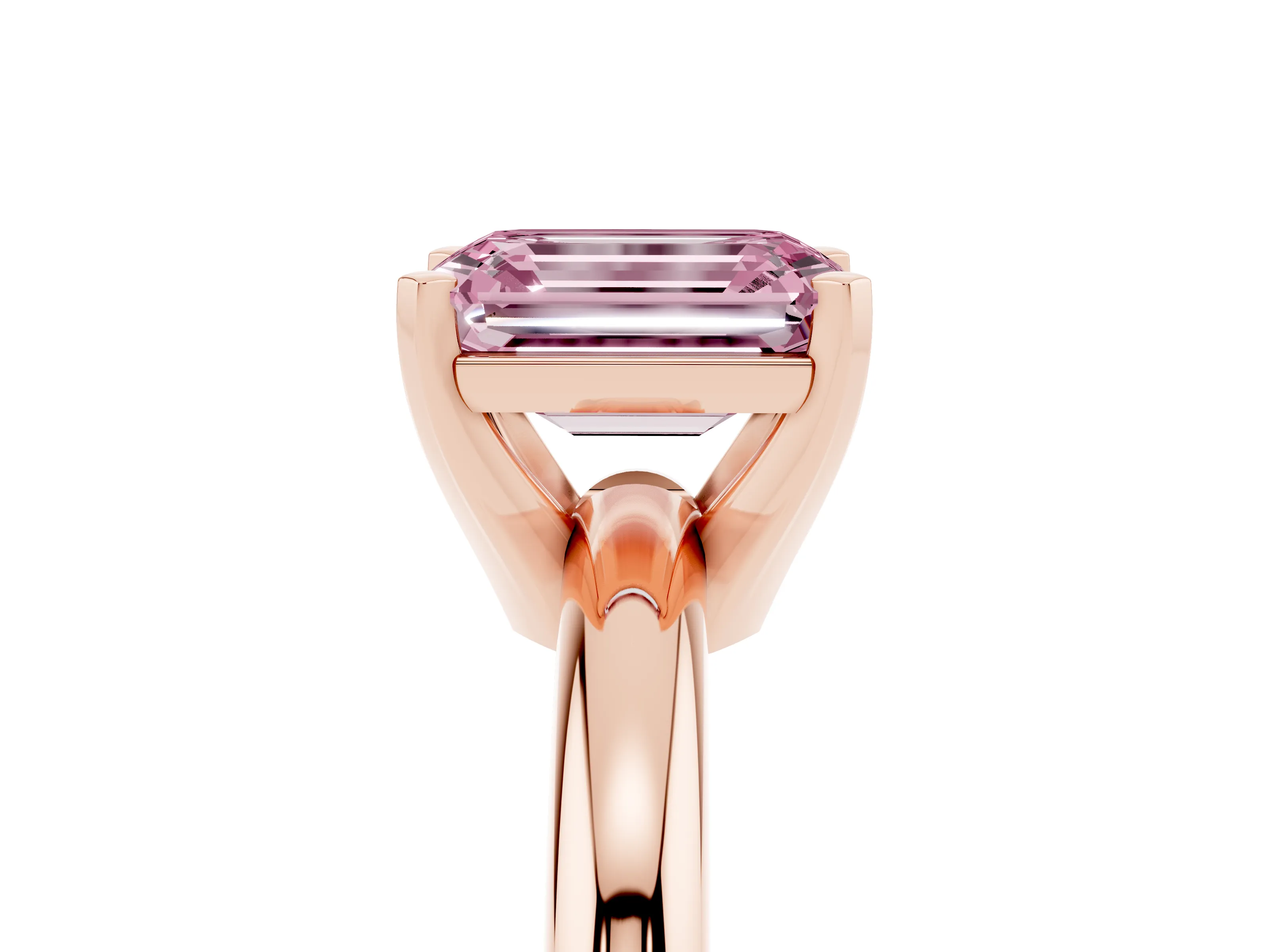 Fancy Pink Emerald Cut Diamond Solitaire Engagement Ring Set in Rose gold with Round Band and Prong Setting