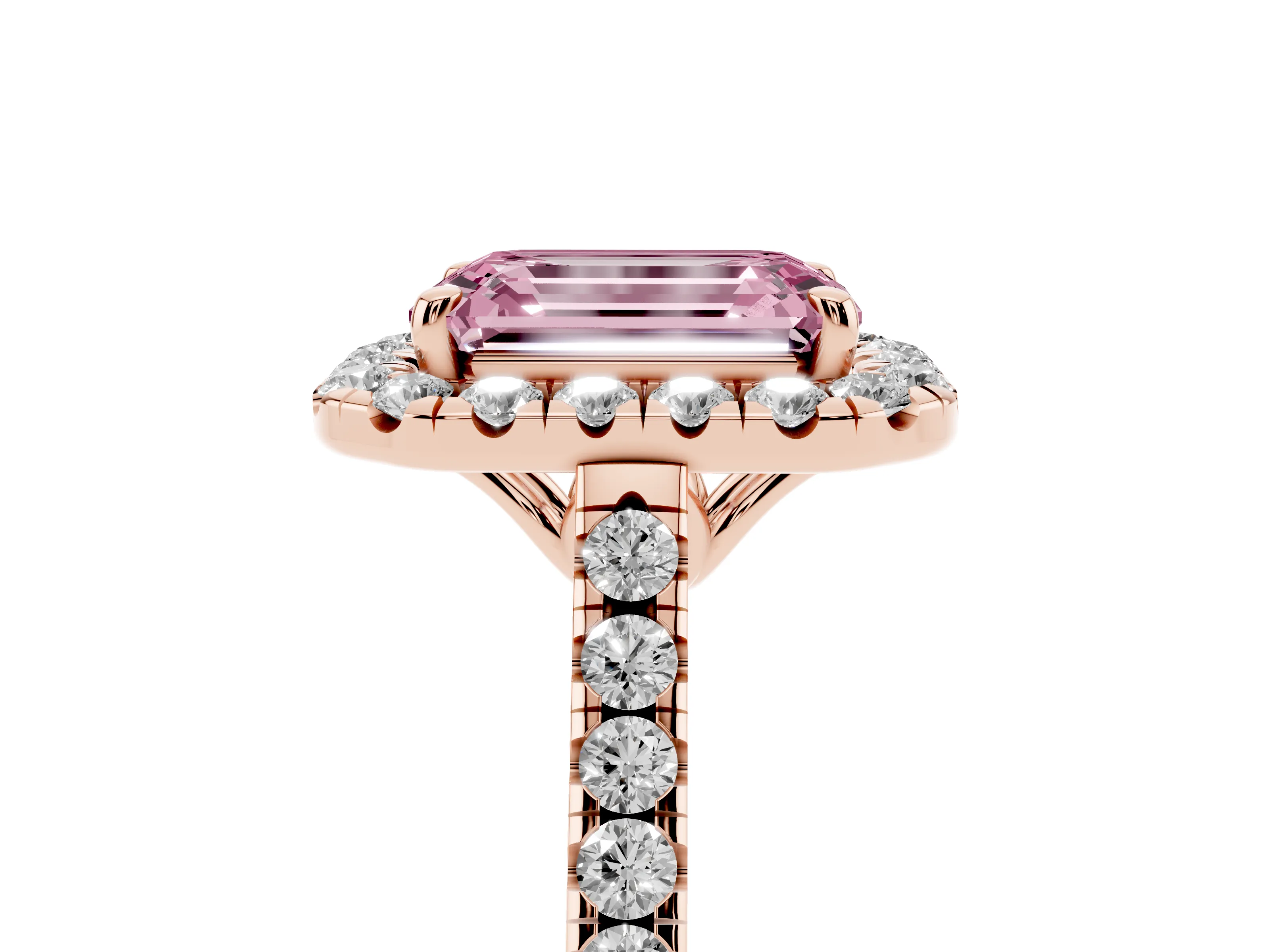 Fancy Pink Emerald Cut Diamond Pavé Halo Engagement Ring Set in Rose gold with Pavé Band and Prong Setting