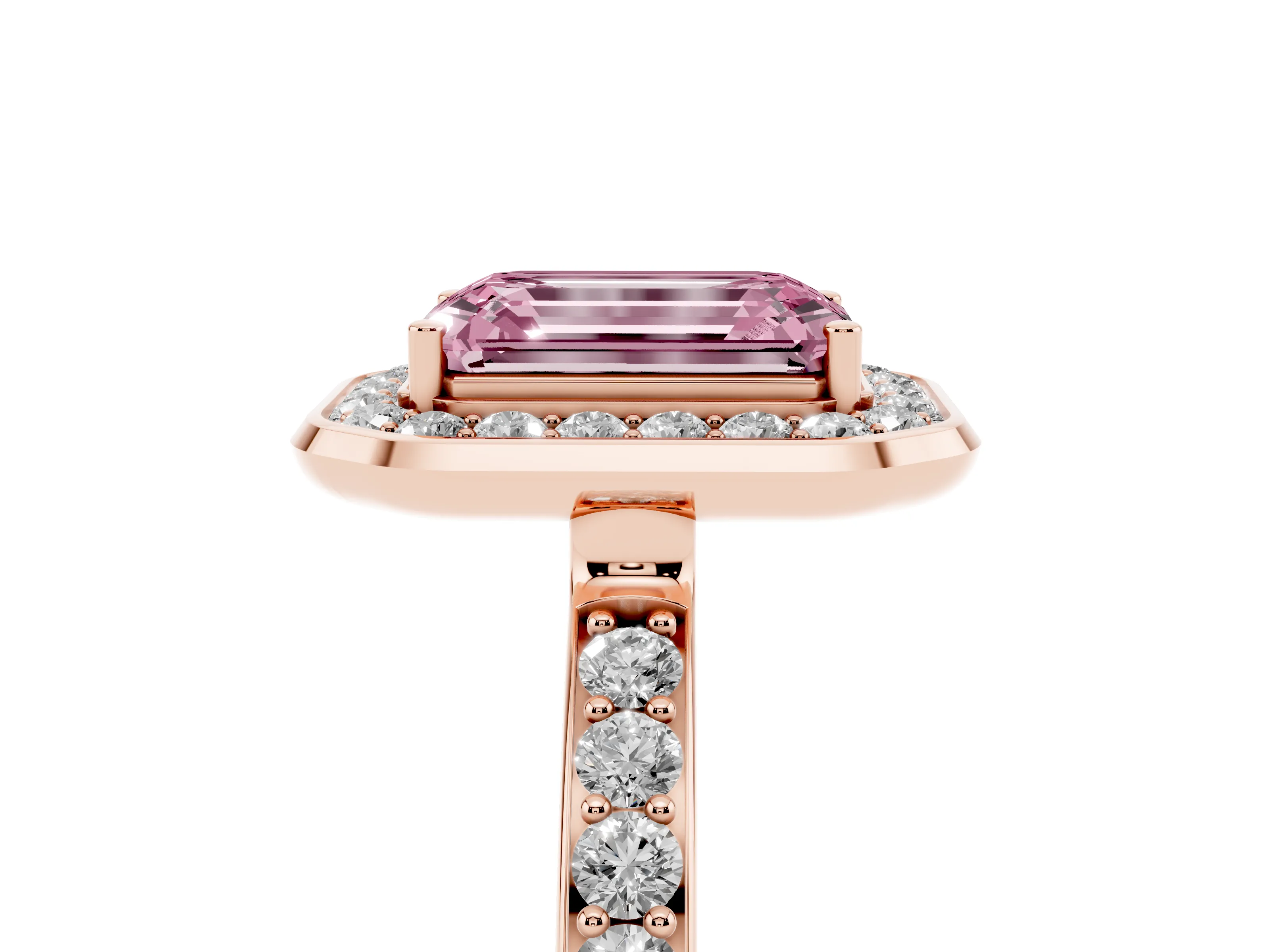 Fancy Pink Emerald Cut Diamond Halo Ring Set in Rose gold with Bezel Frame and Pavé Band