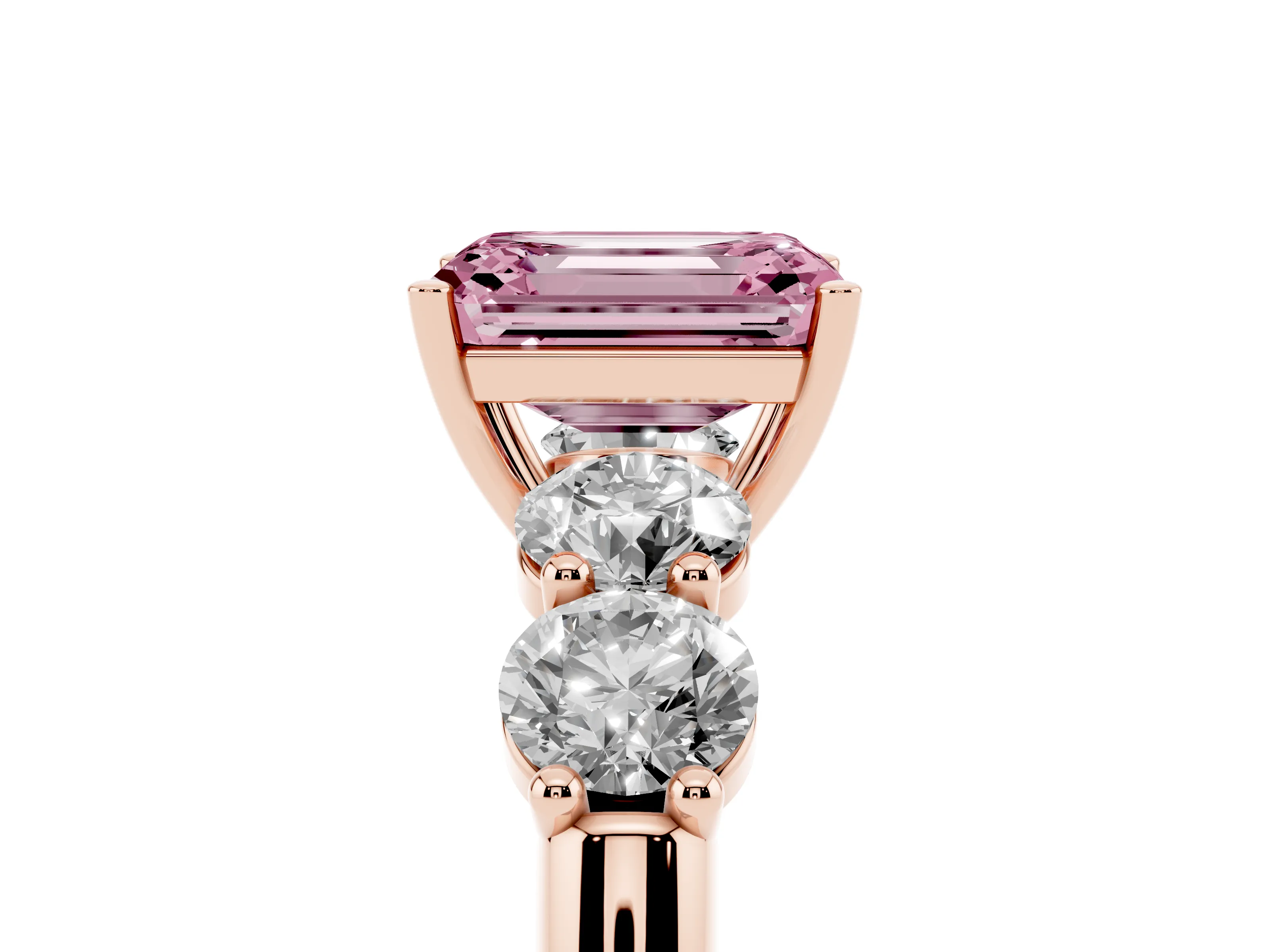 Fancy Pink Emerald Cut Diamond Five-Stone Prong Set Ring Set in Rose gold with Classic Band