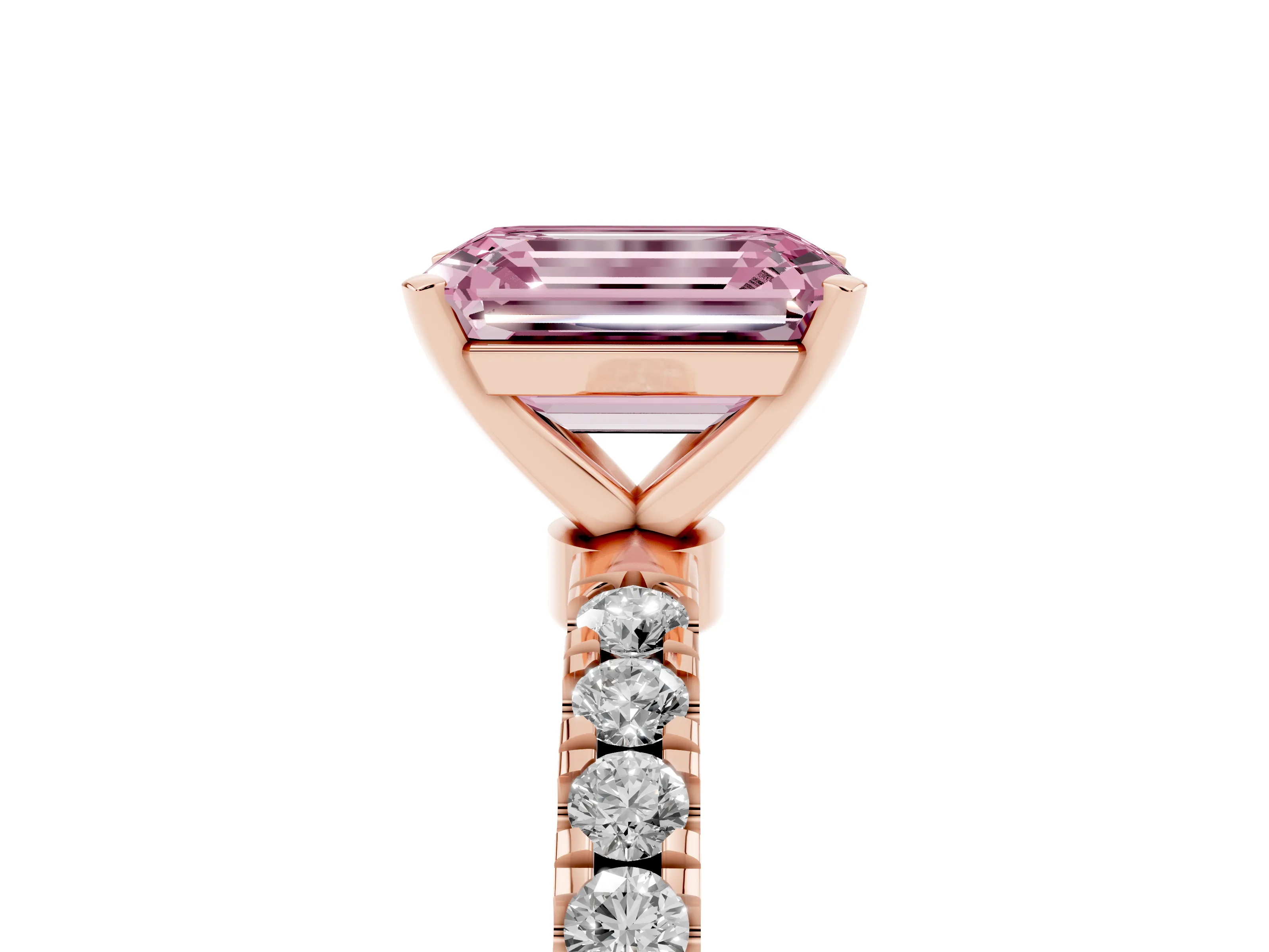 Fancy Pink Emerald Cut Diamond Solitaire Ring Set in Rose gold with Pavé Accents and Prong Setting
