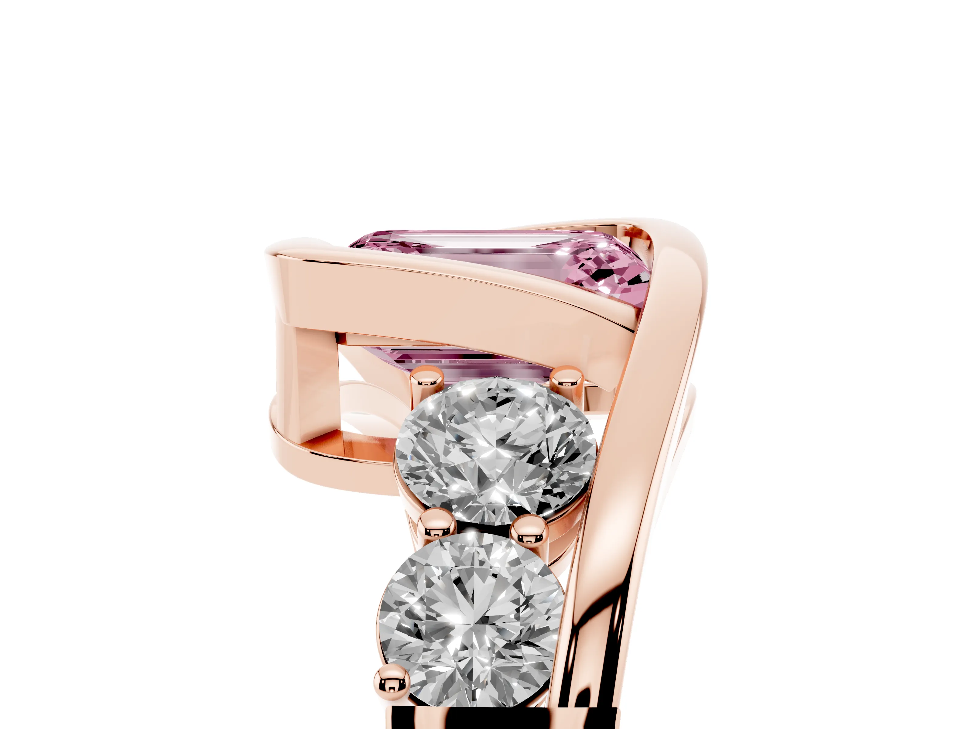 Fancy Pink Emerald Cut Diamond Bezel Bypass Ring Set in Rose gold with Round Accents