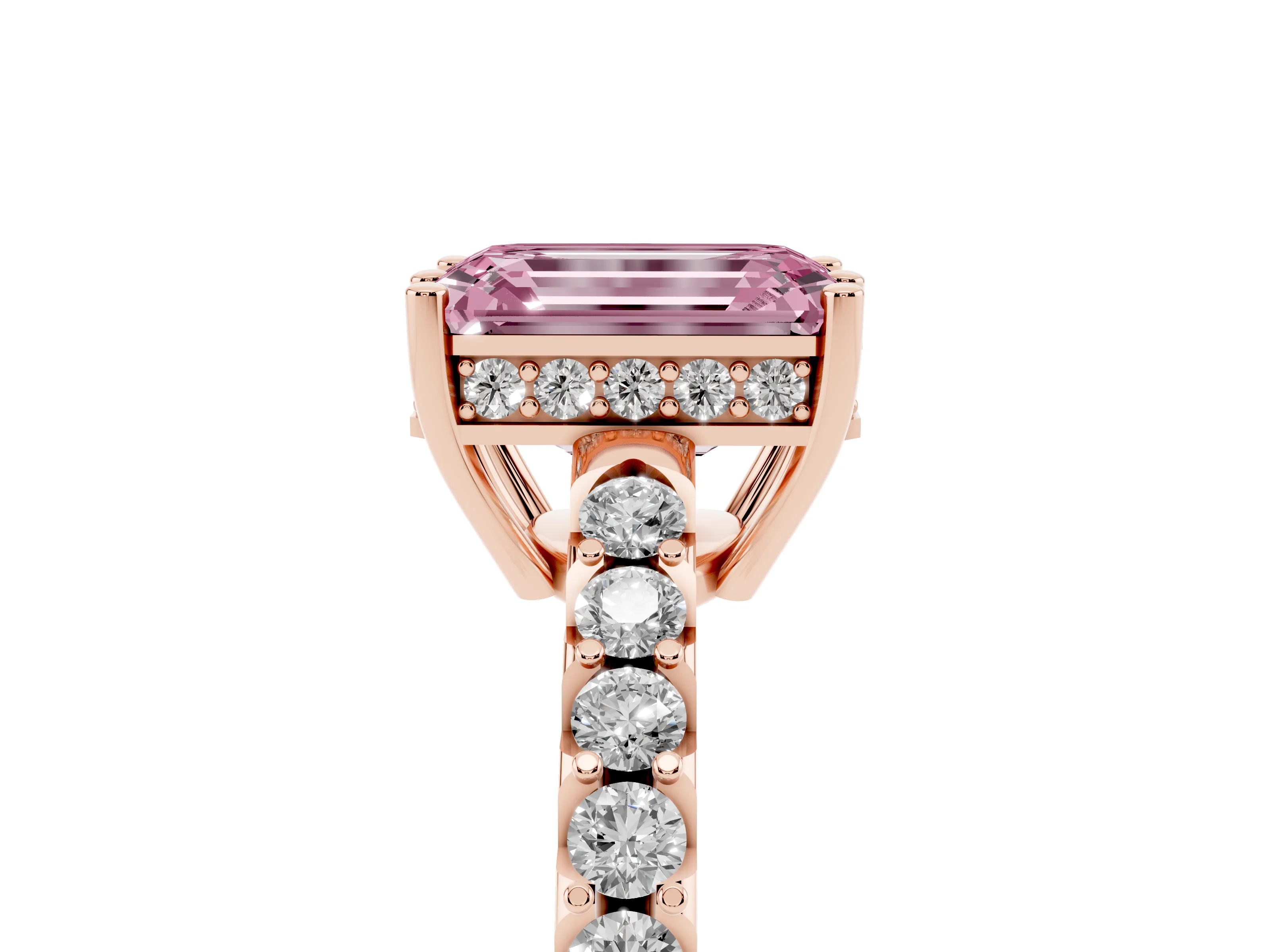 Fancy Pink Emerald Cut Diamond Solitaire Engagement Ring Set in Rose gold with Pavé Band and Prong Setting