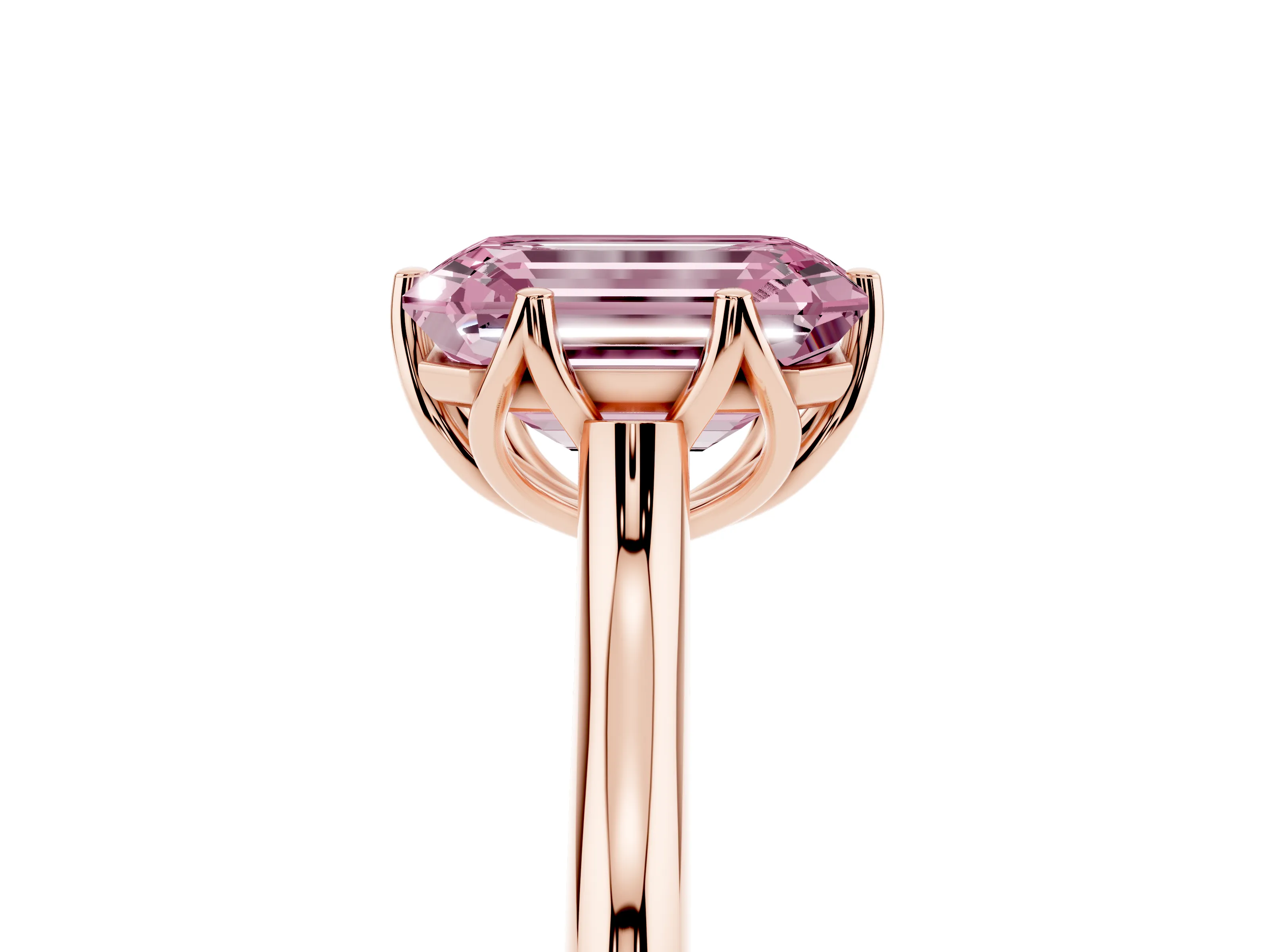 Fancy Pink Emerald Cut Diamond Solitaire Cathedral Ring Set in Rose gold with Prong Setting
