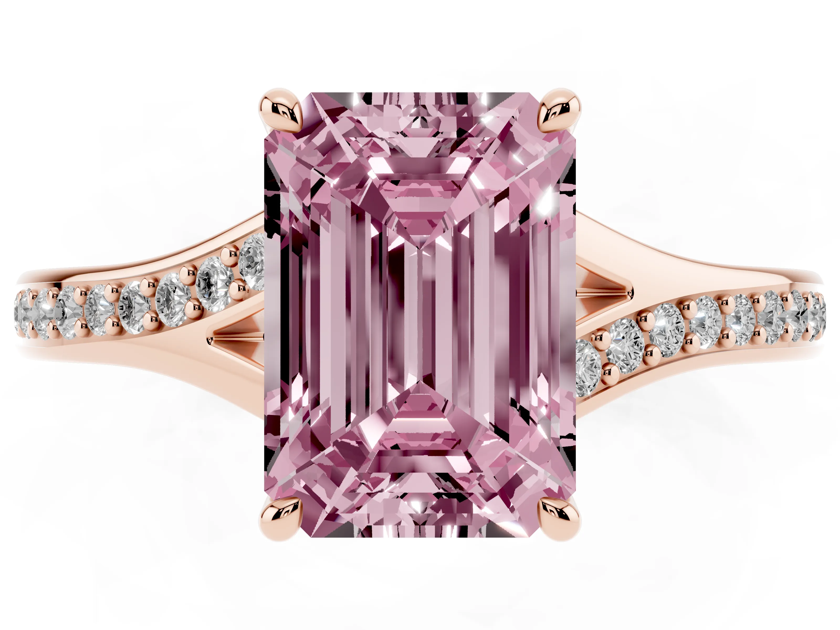 Fancy Pink Emerald Cut Diamond Solitaire Ring Set in Rose gold with Pavé Accent Band and Classic Prong Setting