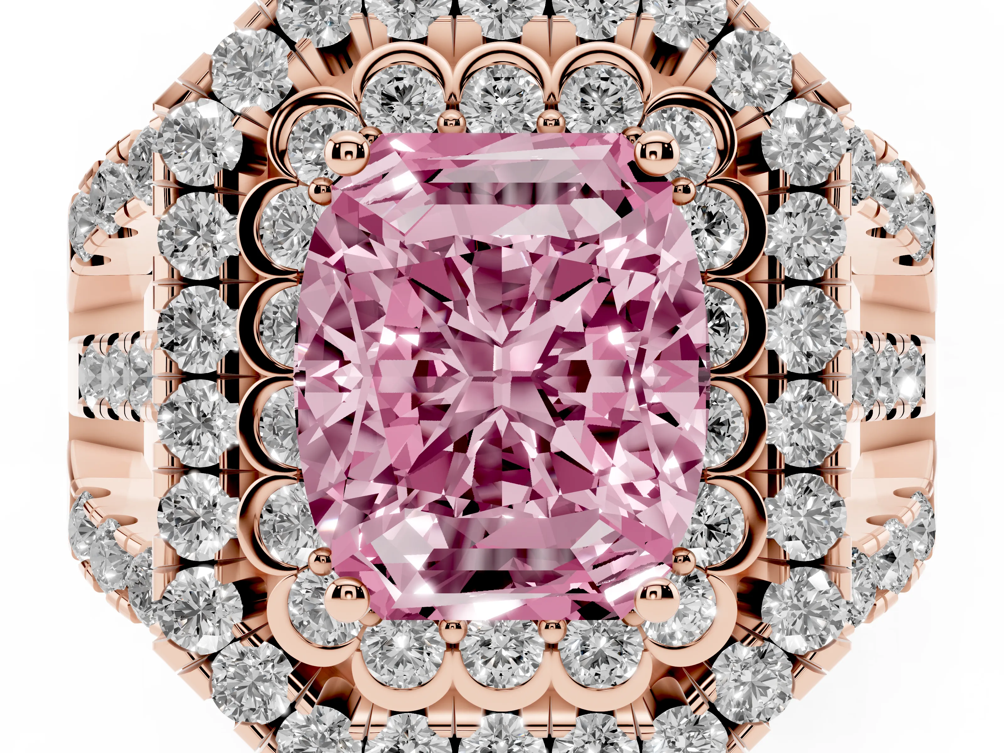 Fancy Pink Emerald Cut Diamond Double Halo Ring Set in Rose gold with Round Pavé Split Shank