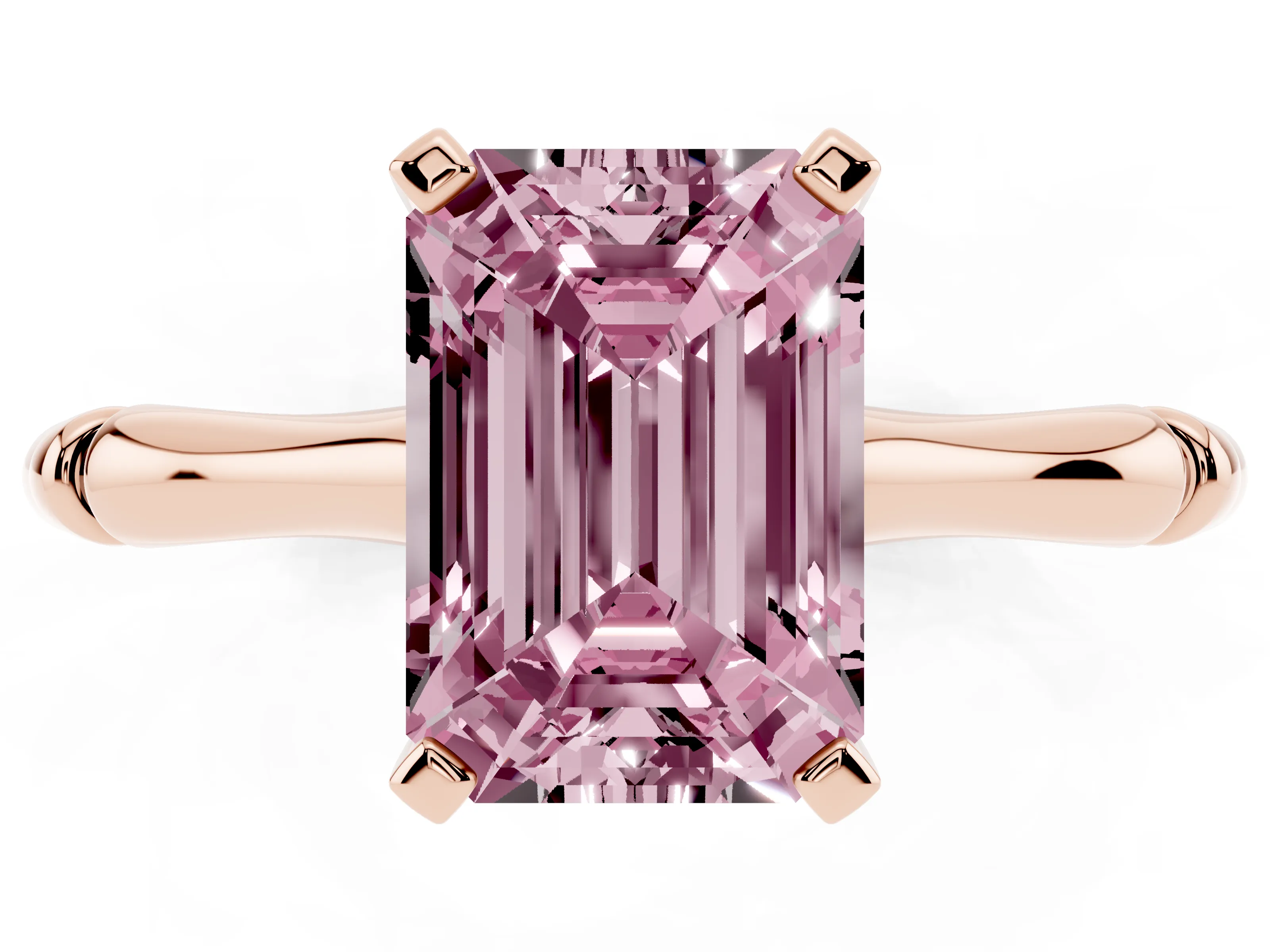 Fancy Pink Emerald Cut Diamond Solitaire Ring Set in Rose gold with Bamboo Band and Prong Setting