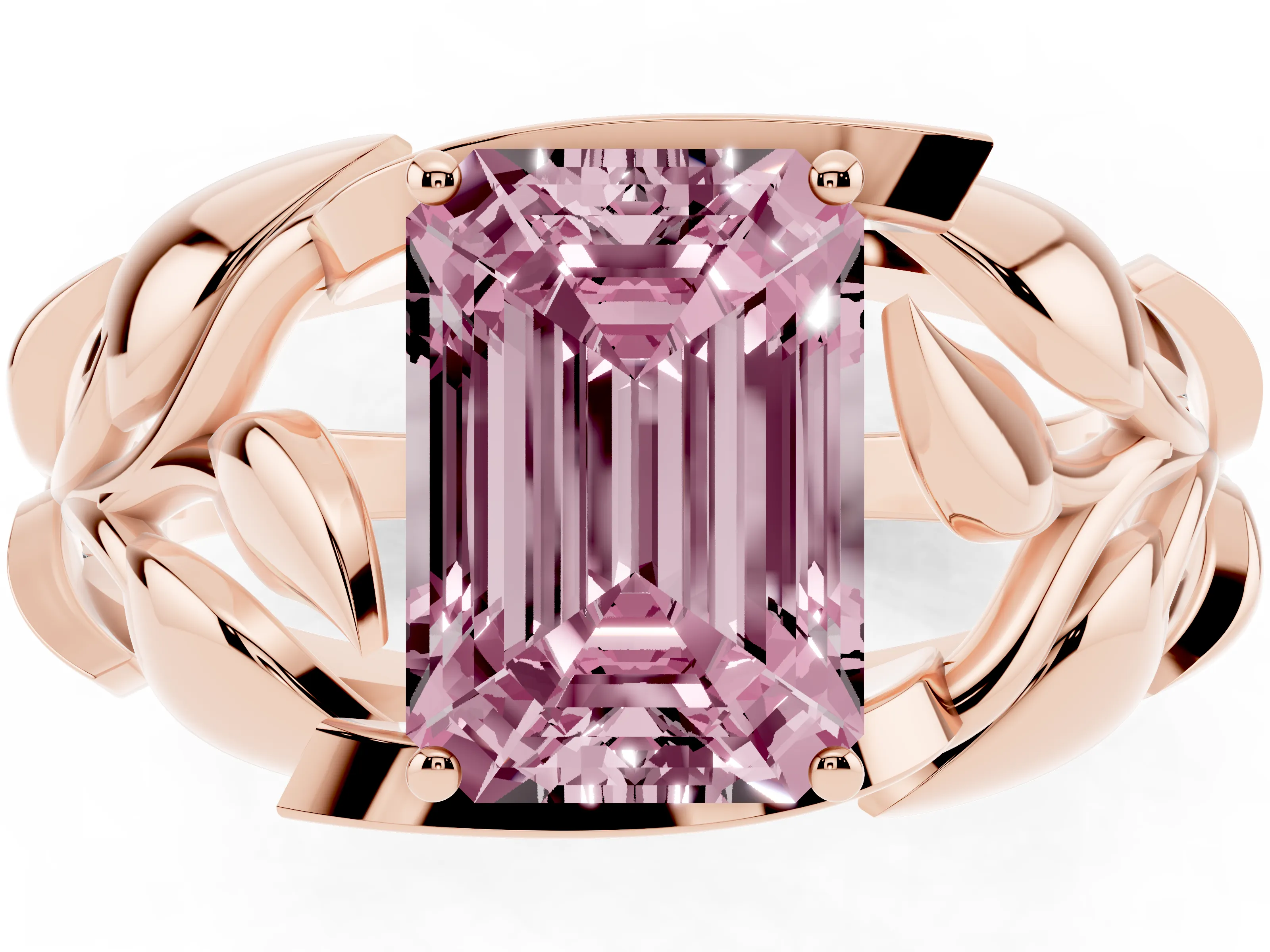 Fancy Pink Emerald Cut Diamond Leaf-Inspired Engagement Ring Set in Rose gold with Round Accents