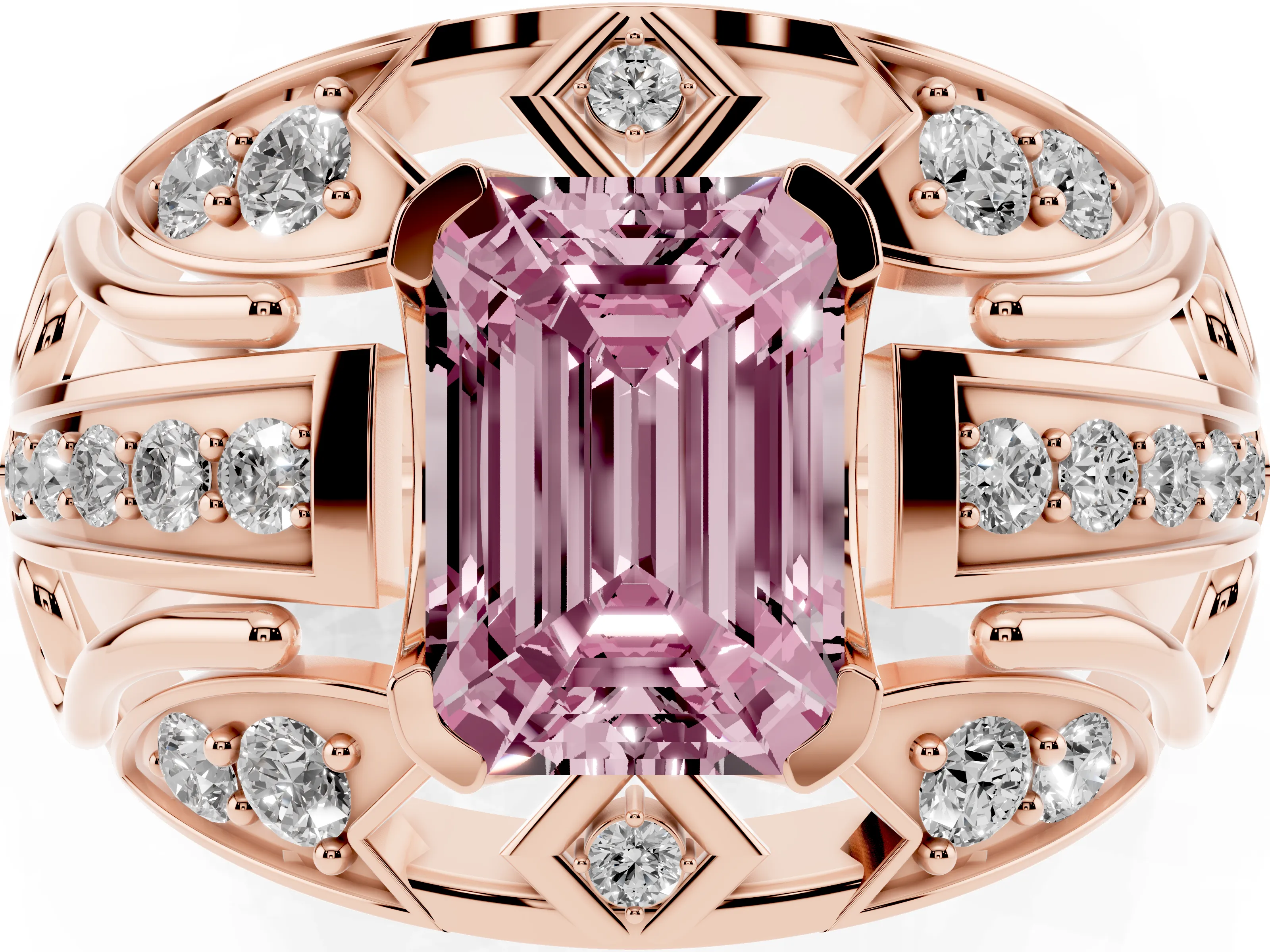 Fancy Pink Emerald Cut Diamond Art Deco Ring Set in Rose gold with Pavé Split Shank
