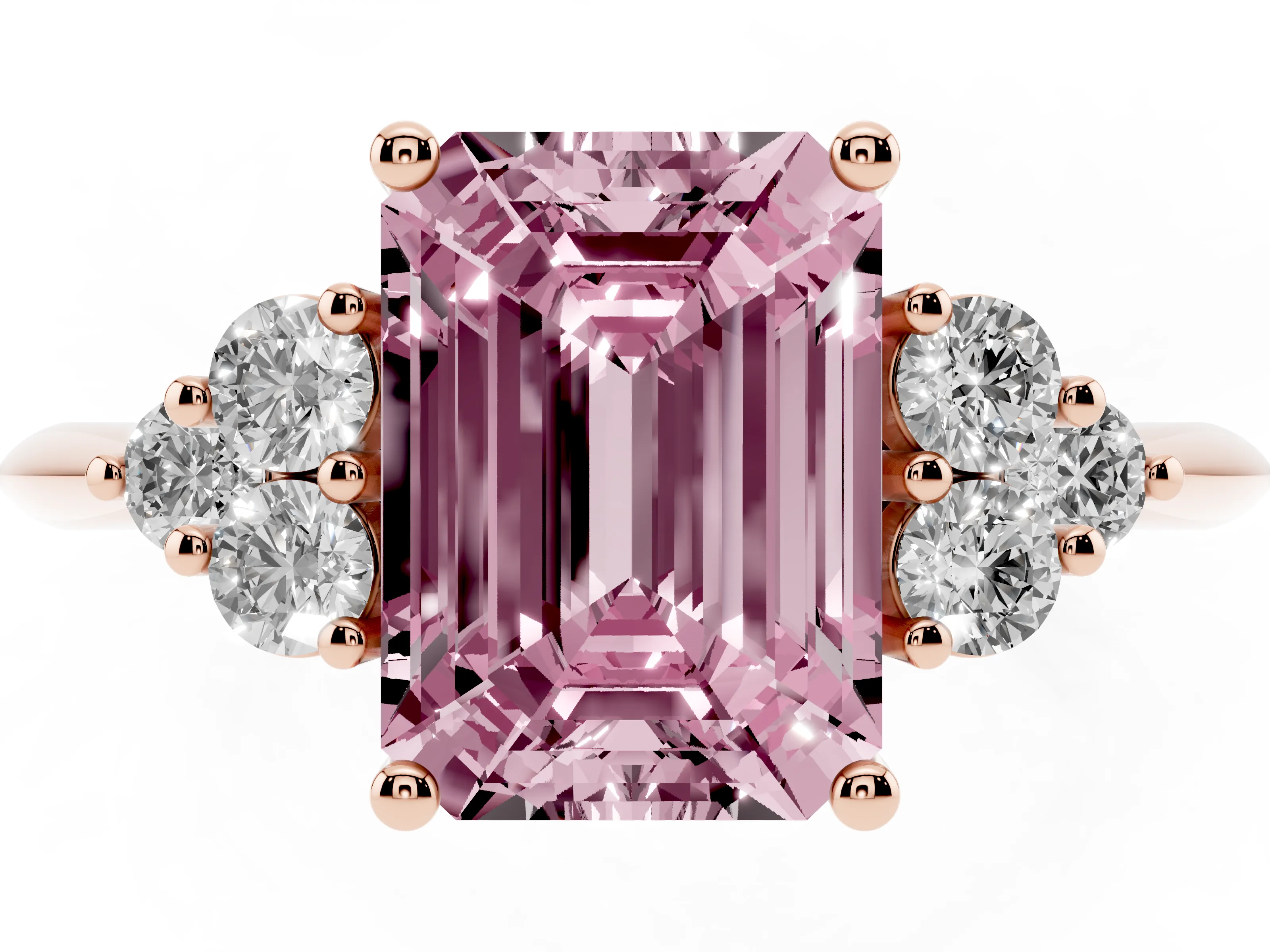 Fancy Pink Emerald Cut Diamond Cluster Ring Set in Rose gold with Plain Band and Prong Setting