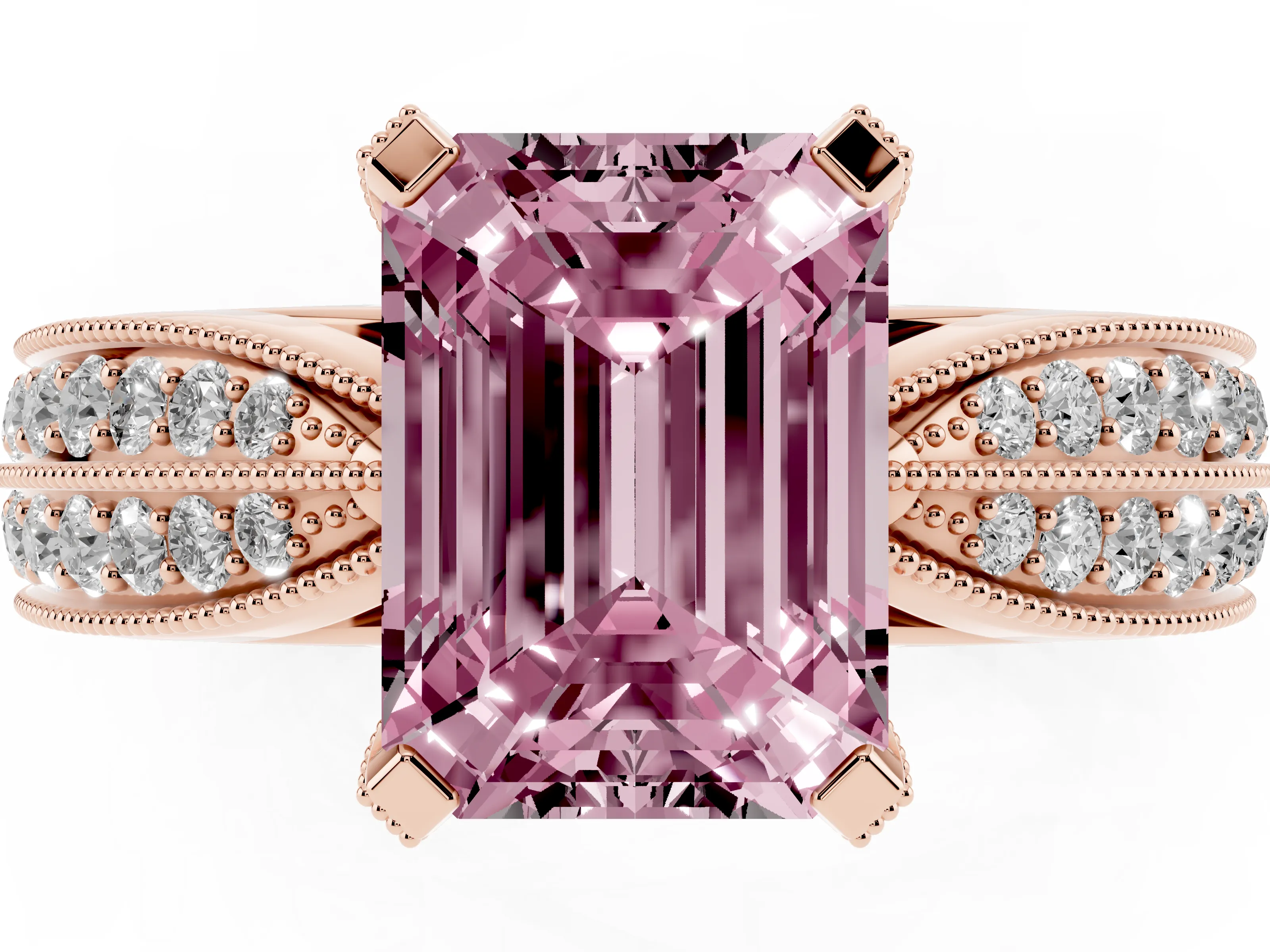 Fancy Pink Emerald Cut Diamond Solitaire Ring Set in Rose gold with Milgrain Double Row Round Pavé Band