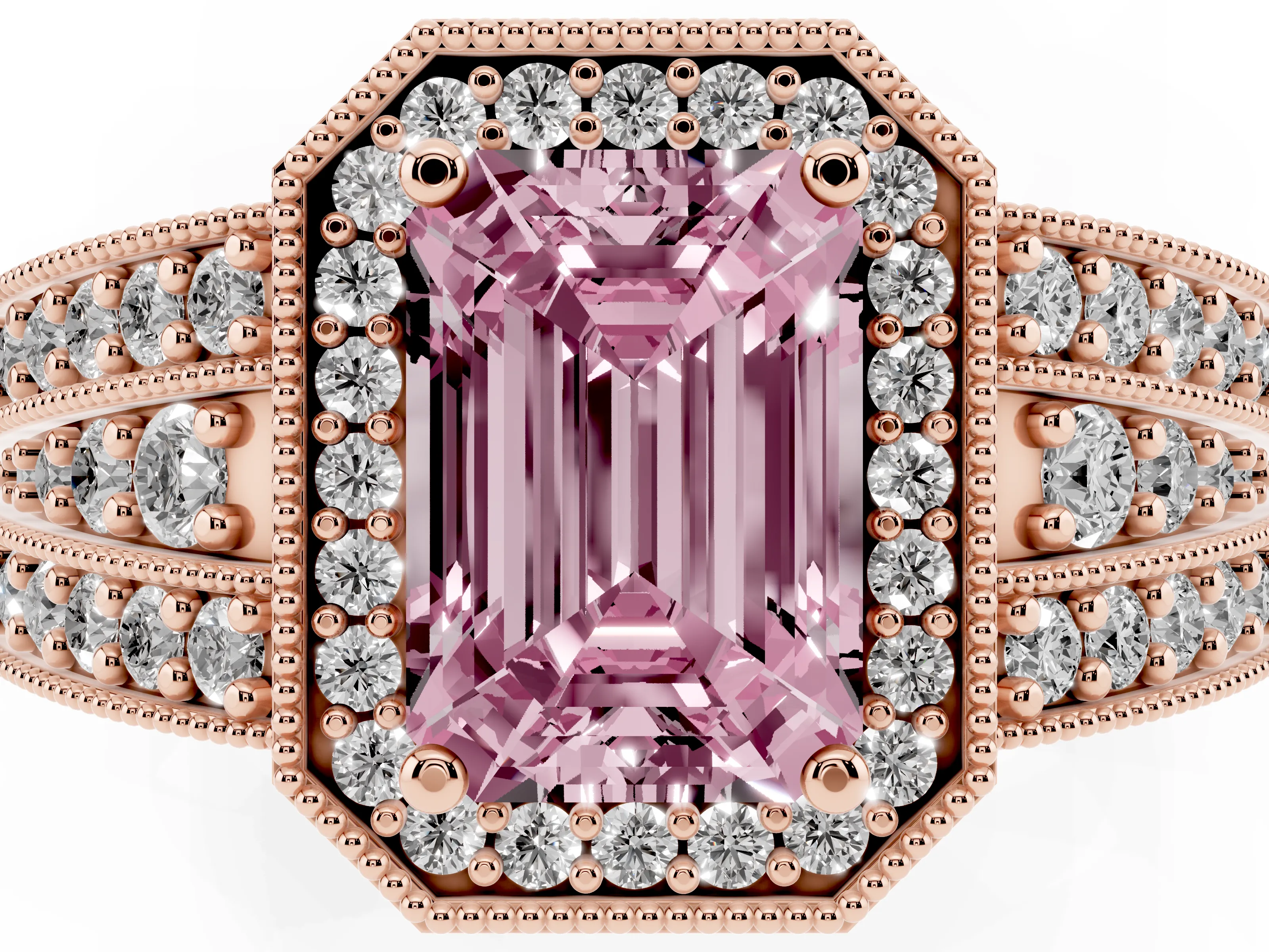 Fancy Pink Emerald Cut Diamond Halo Ring Set in Rose gold with Accent Split Shank and Prong Setting
