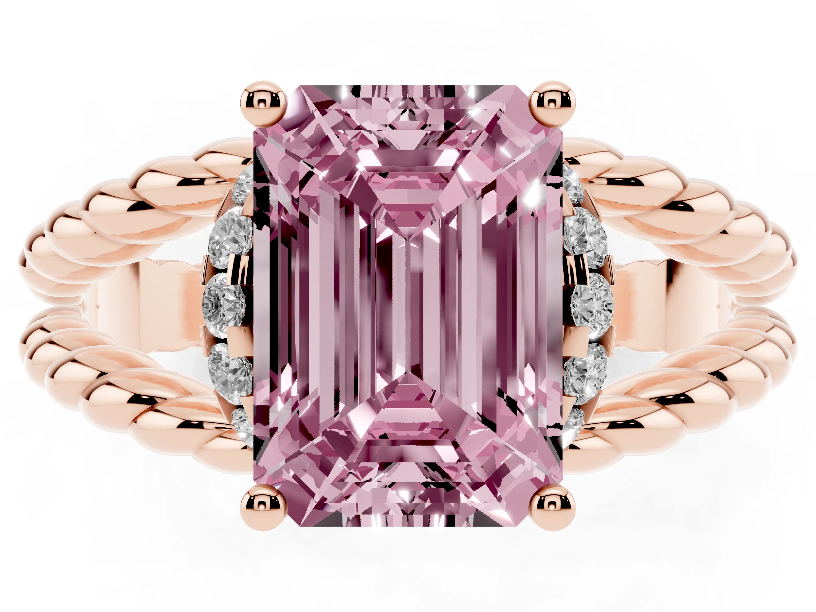 Fancy Pink Emerald Cut Diamond Halo Ring Set in Rose gold with Twisted Band and Prong Setting