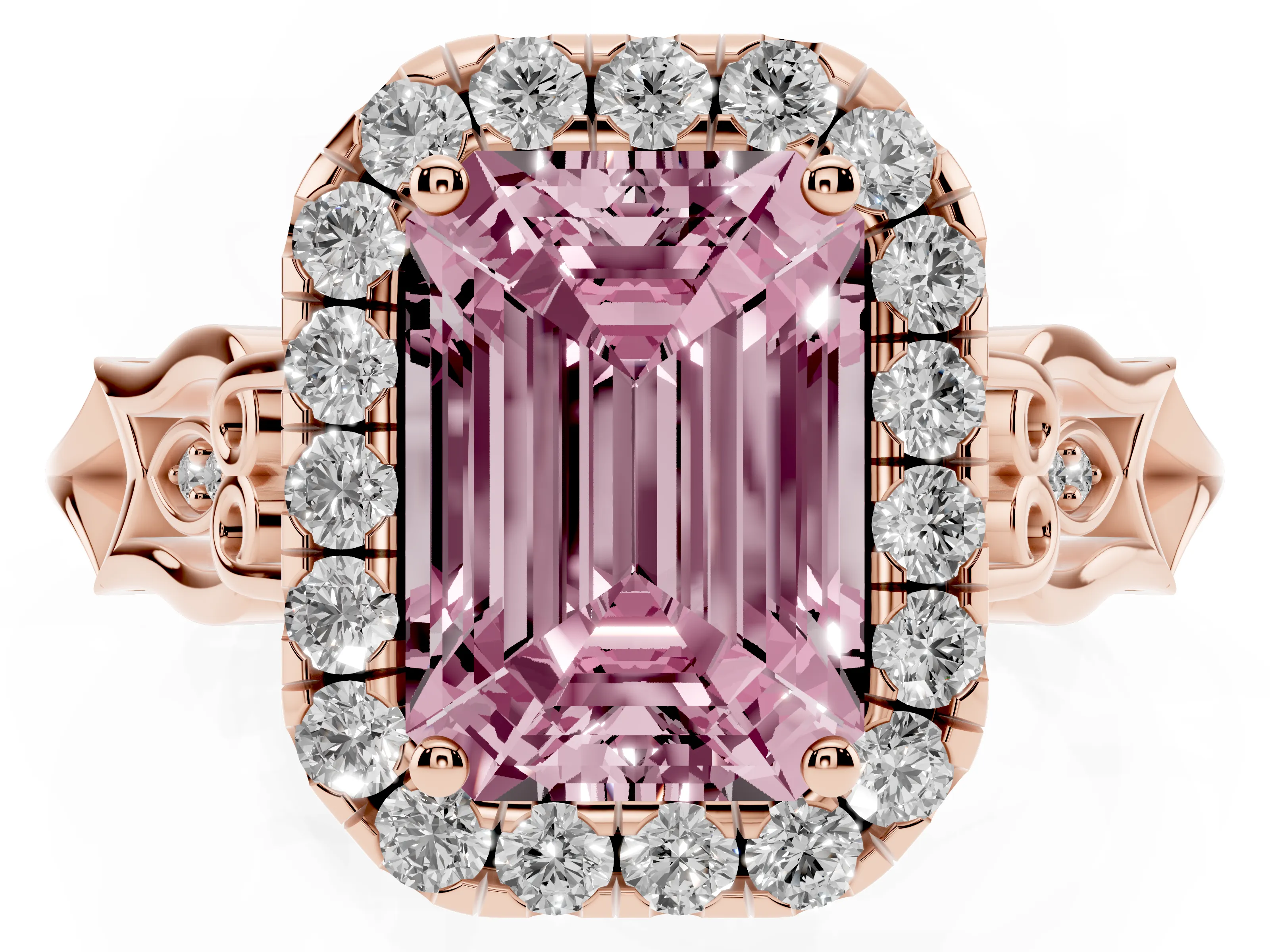 Fancy Pink Emerald Cut Diamond Halo Engagement Ring Set in Rose gold with Filigree Band and Prong-Set Center