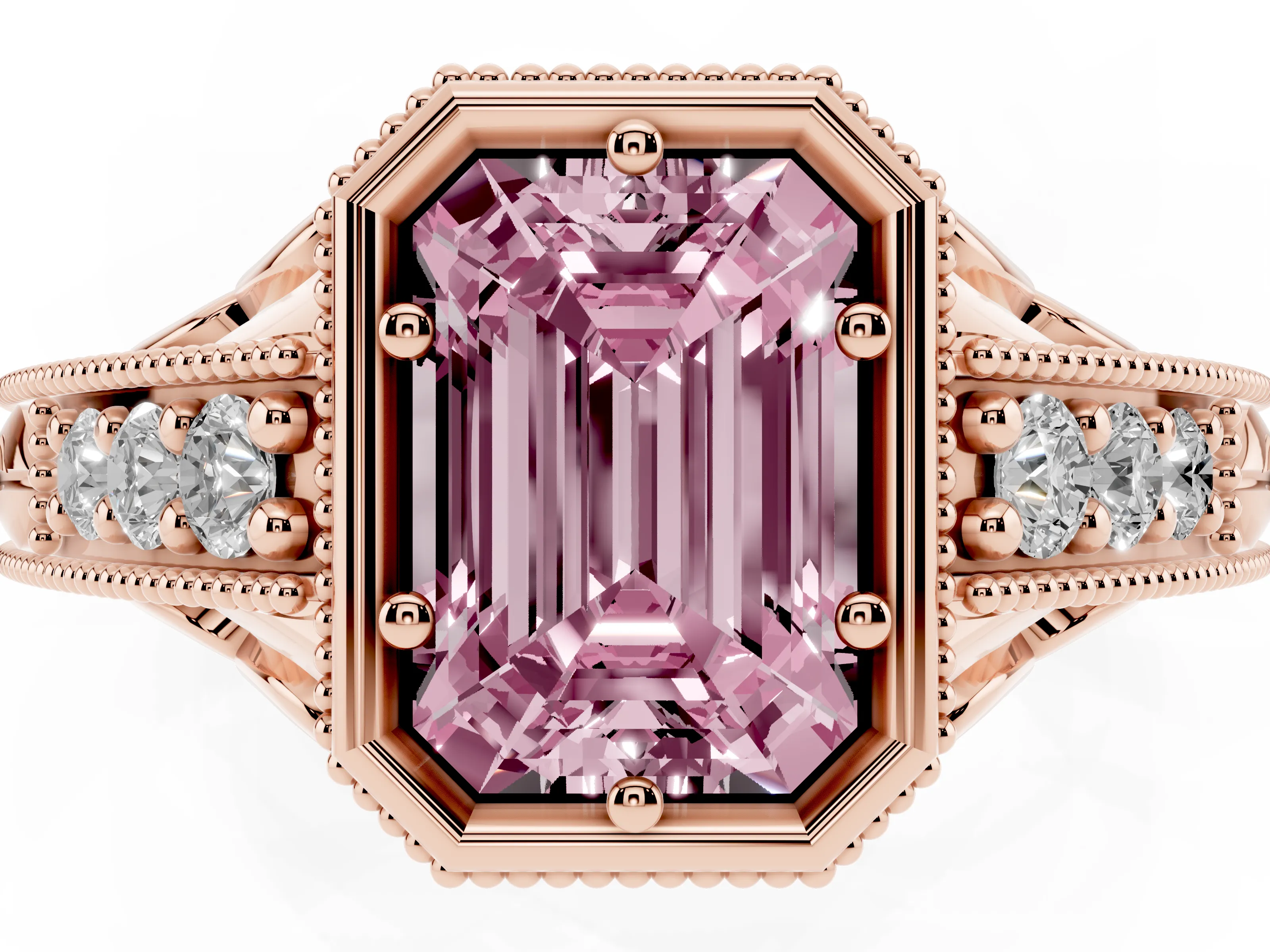 Fancy Pink Bezel Set Emerald Cut Diamond Milgrain Pavé Engagement Ring Set in Rose gold