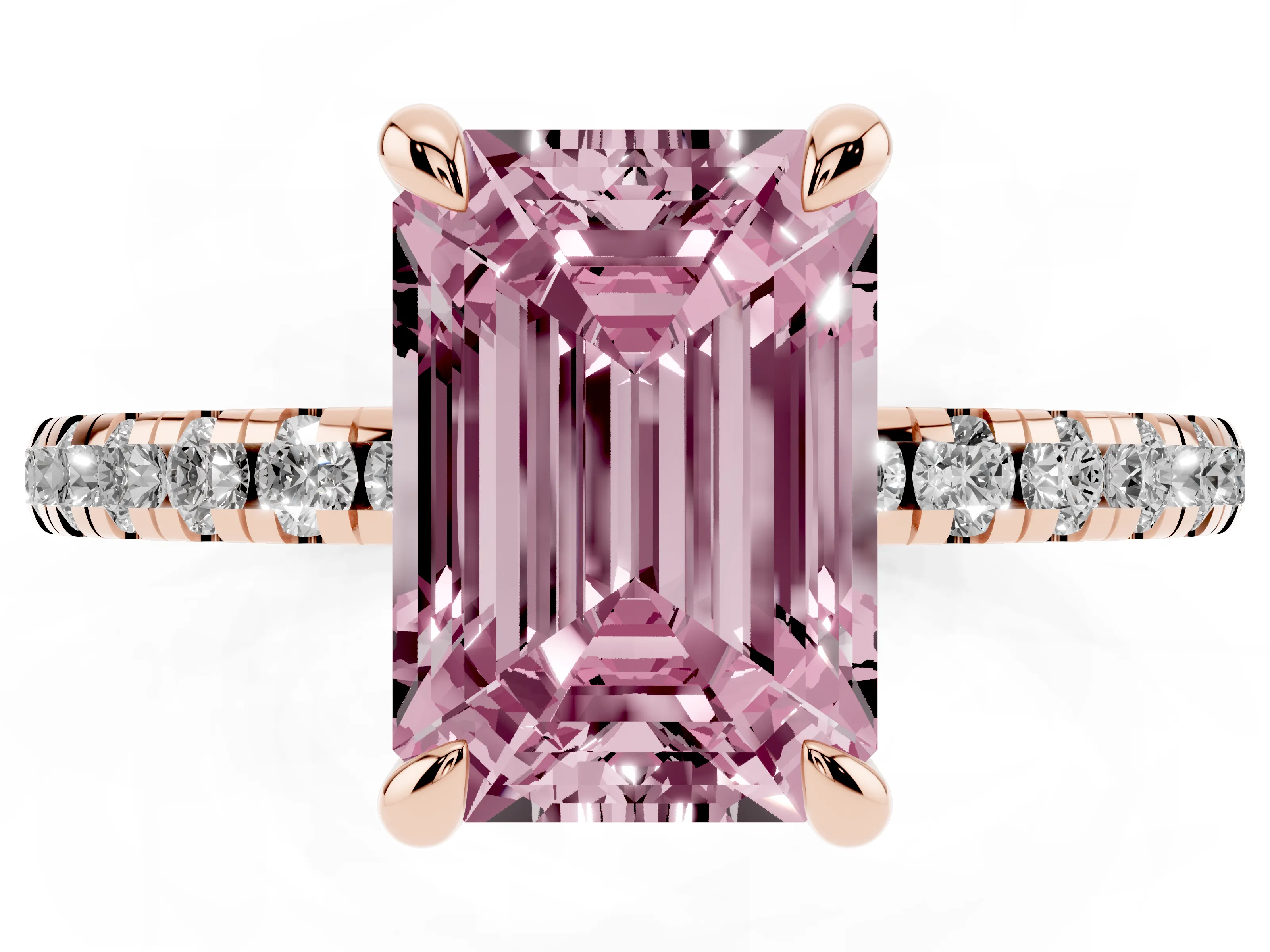 Fancy Pink Emerald Cut Diamond Brilliant Solitaire Ring Set in Rose gold with Pavé Band and Prong Setting