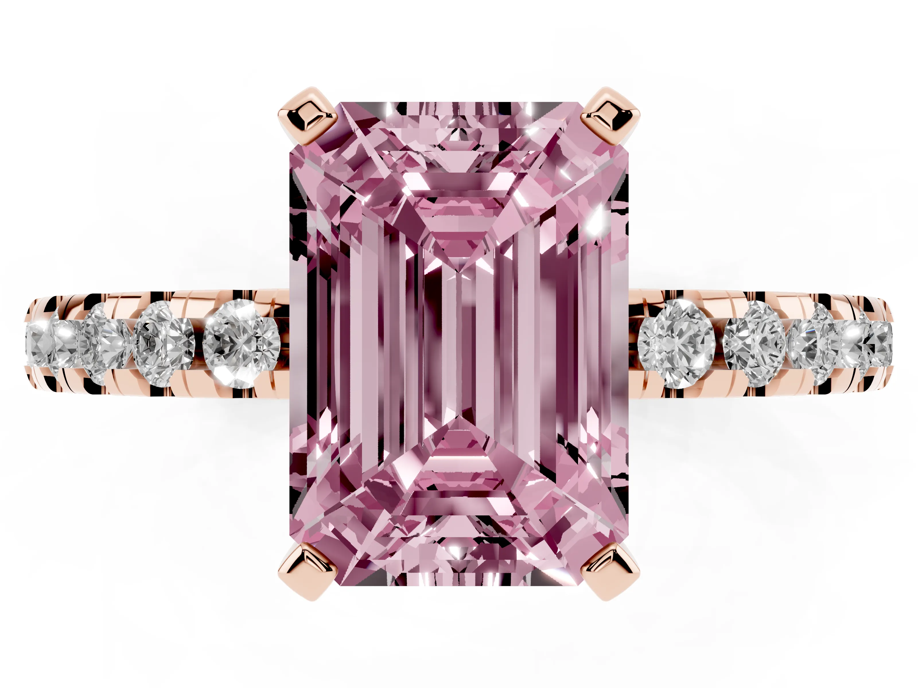 Fancy Pink Emerald Cut Diamond Pavé Solitaire Ring Set in Rose gold with Round Band Accents and Prong Setting