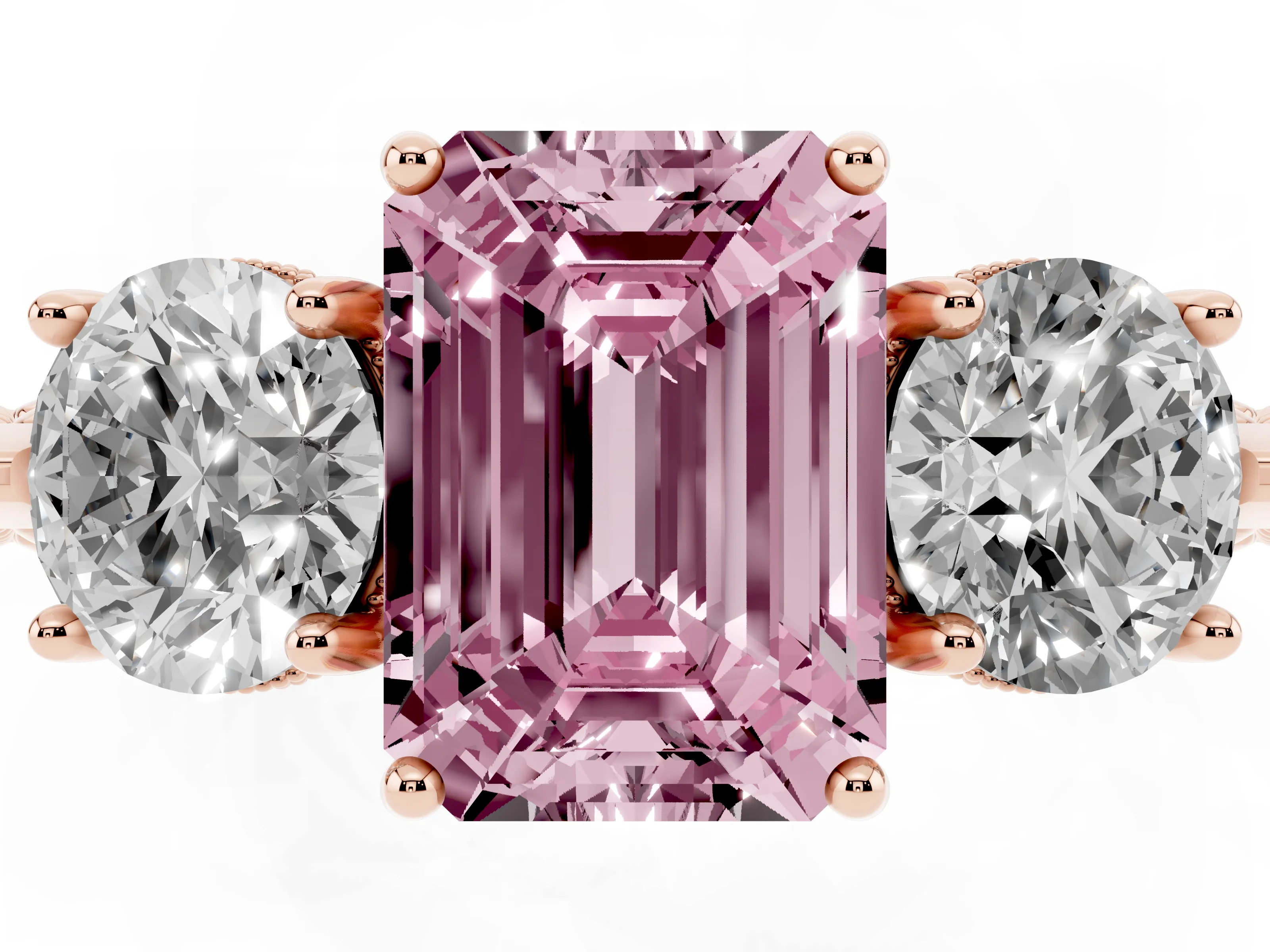 Fancy Pink Emerald Cut Diamond Three-Stone Ring Set in Rose gold with Milgrain Band