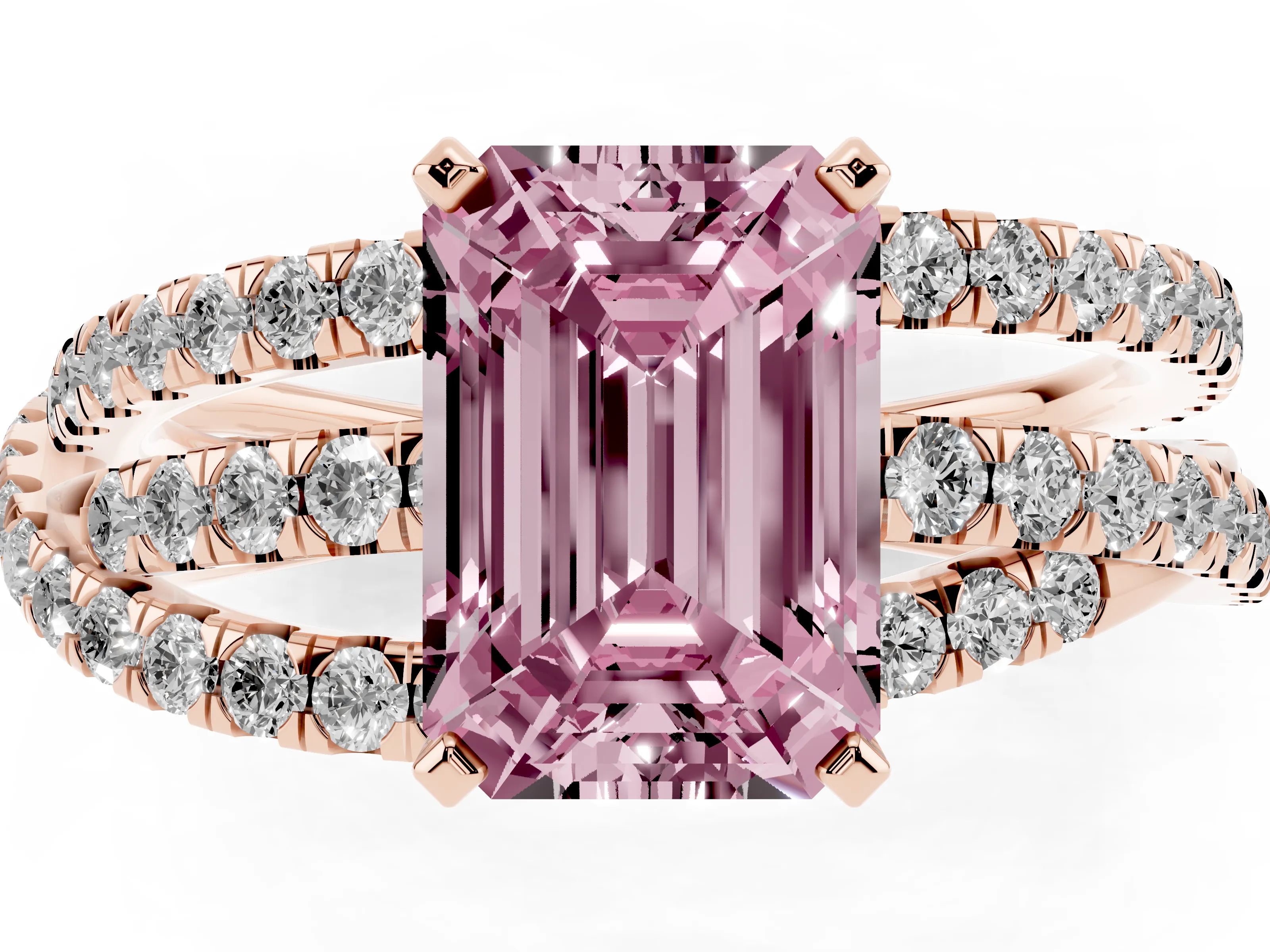 Fancy Pink Emerald Cut Diamond Solitaire Twist Band Ring Set in Rose gold with Pavé Setting and Prong Head