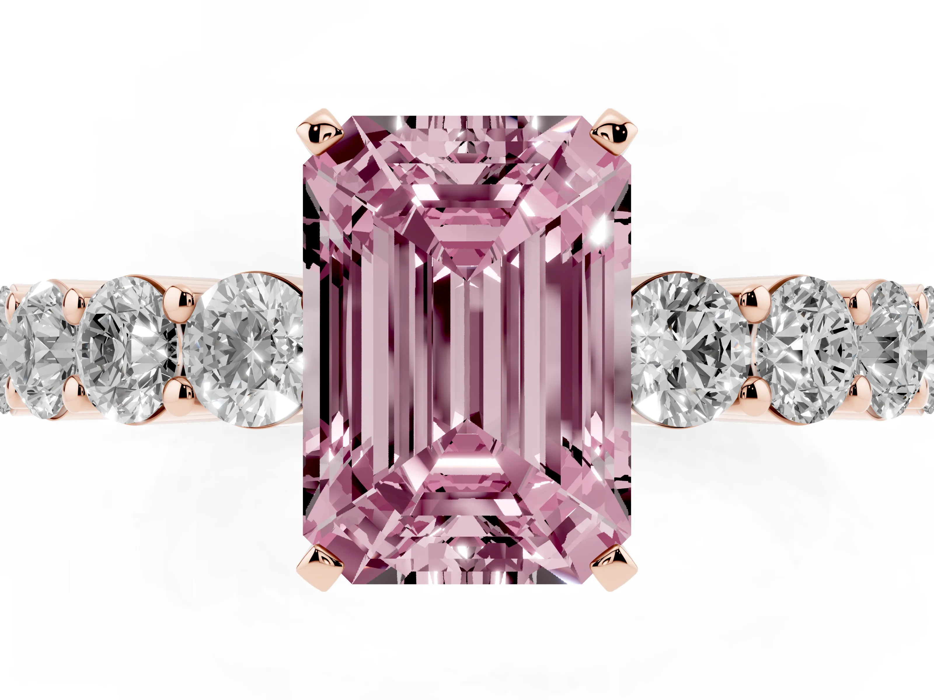 Fancy Pink Emerald Cut Diamond Solitaire Ring Set in Rose gold with Shared Prong Round Side Stones