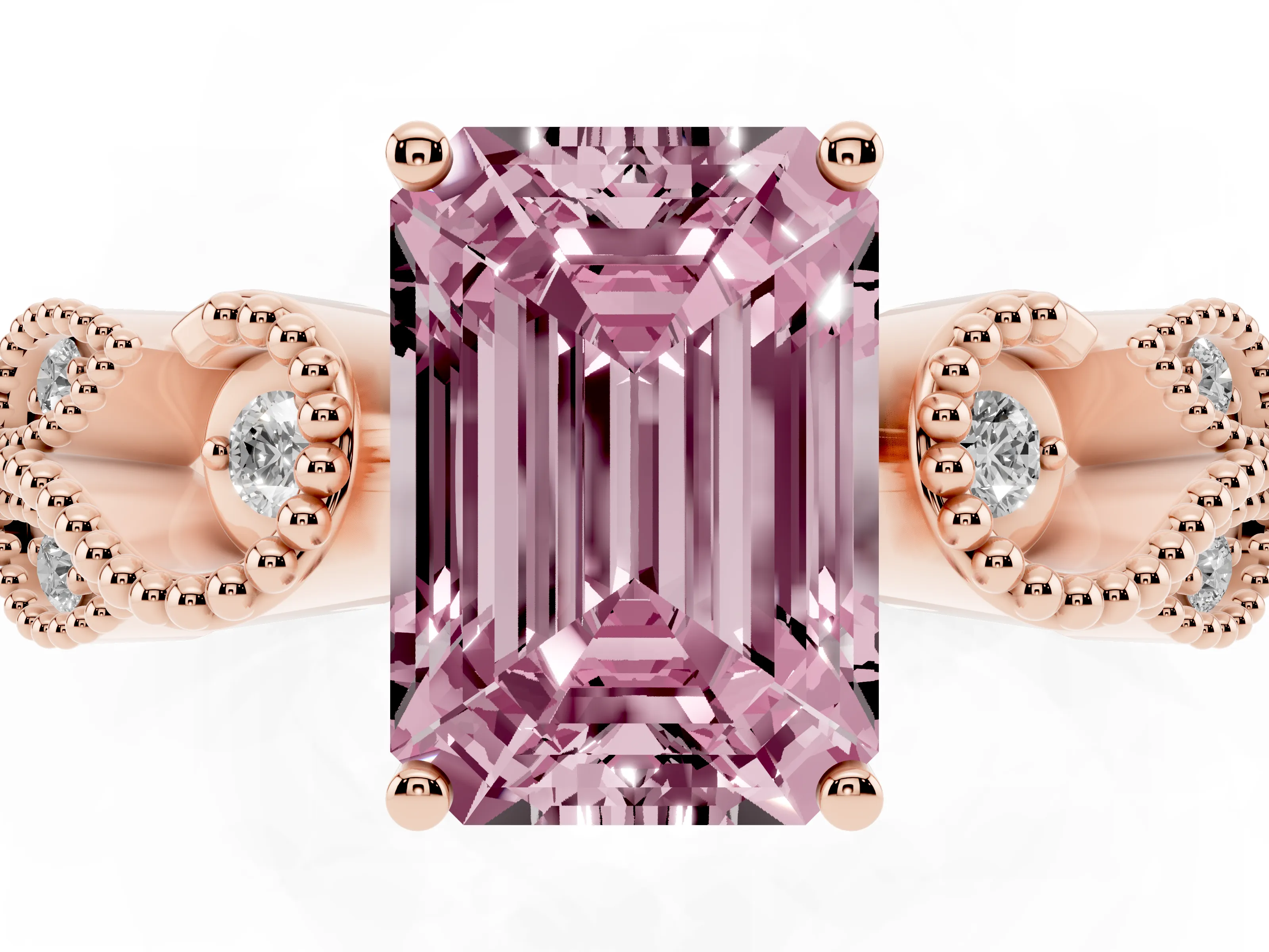 Fancy Pink Emerald Cut Diamond Milgrain Leaf Band Solitaire Ring Set in Rose gold with Accent Stones and Prong Setting