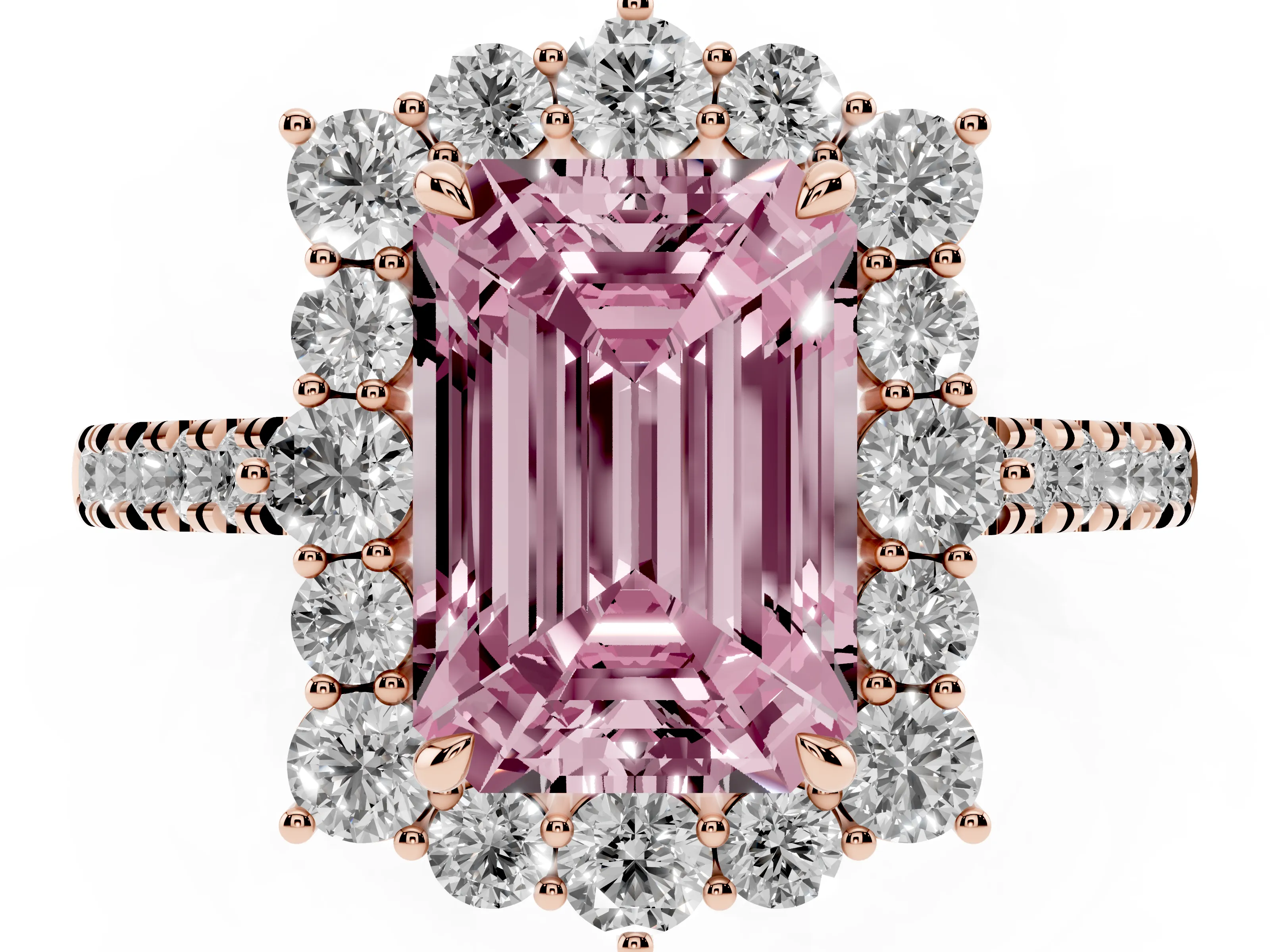 Fancy Pink Emerald Cut Diamond Halo Ring Set in Rose gold with Pavé Band and Prong Setting