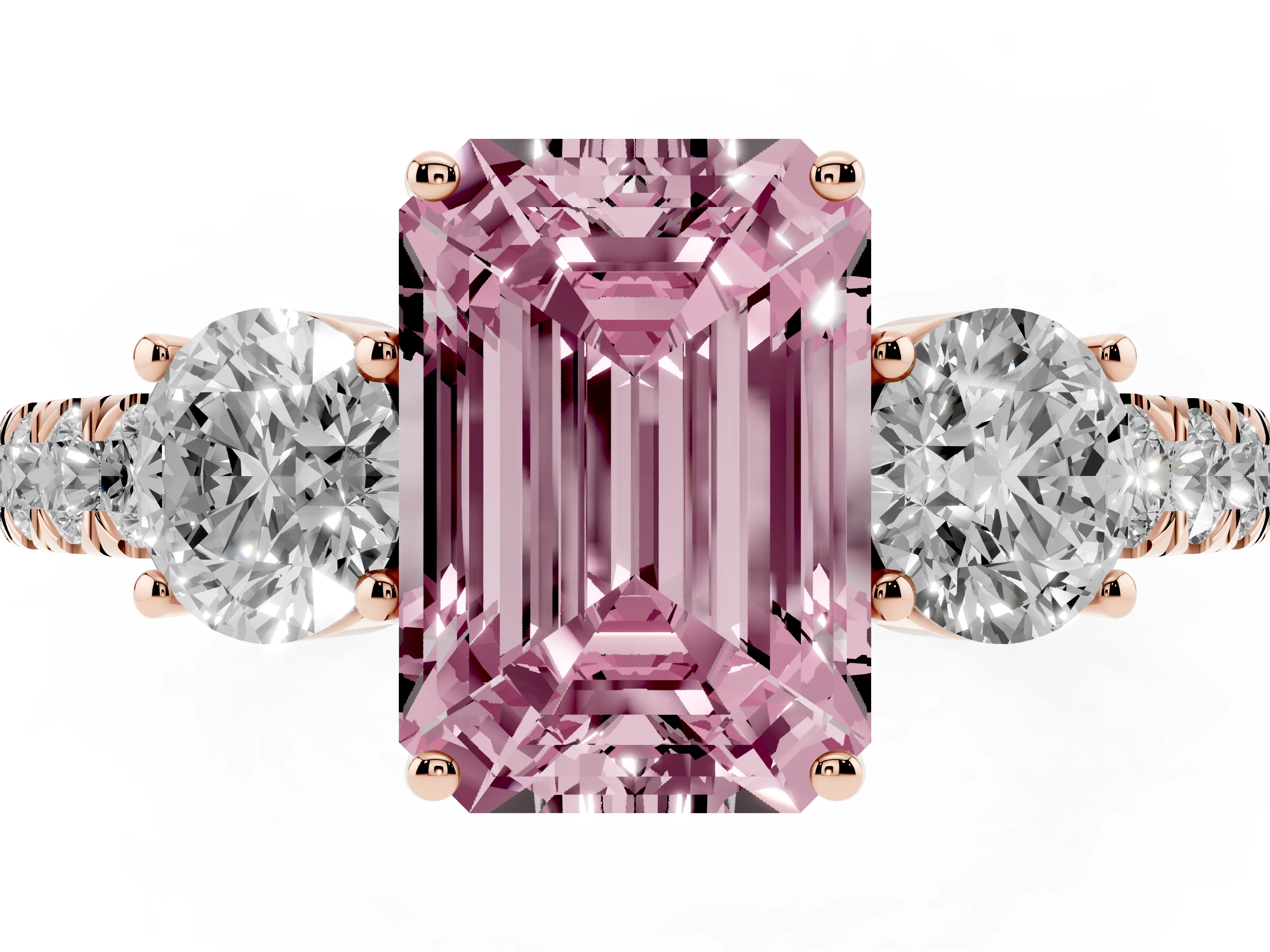 Fancy Pink Emerald Cut Diamond Three-Stone Ring Set in Rose gold with Round Side Stones and Delicate Pavé Band