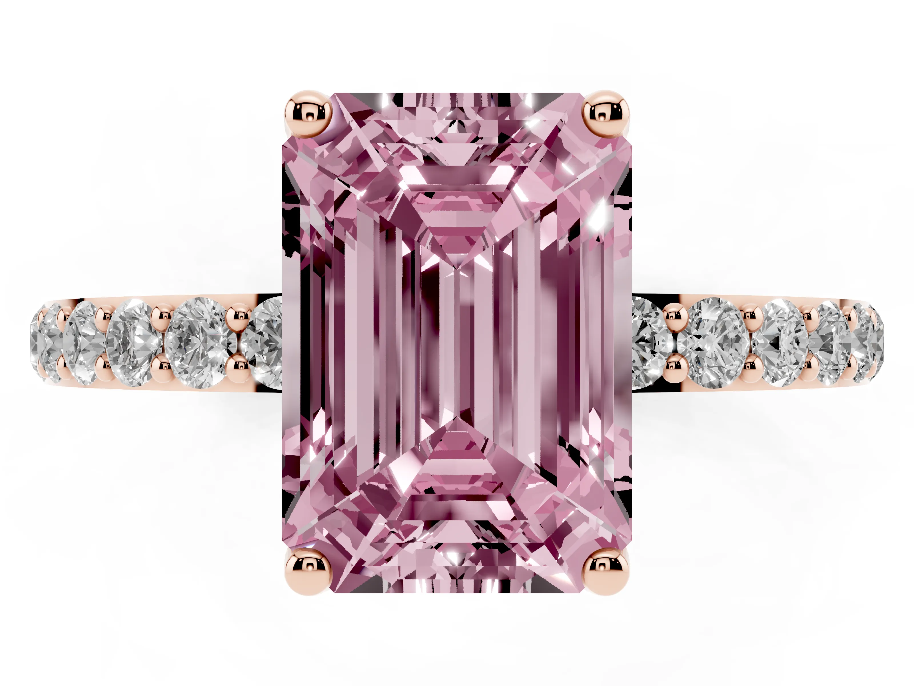 Fancy Pink Emerald Cut Diamond Solitaire Engagement Ring Set in Rose gold with Round Pavé Band and Prong Setting
