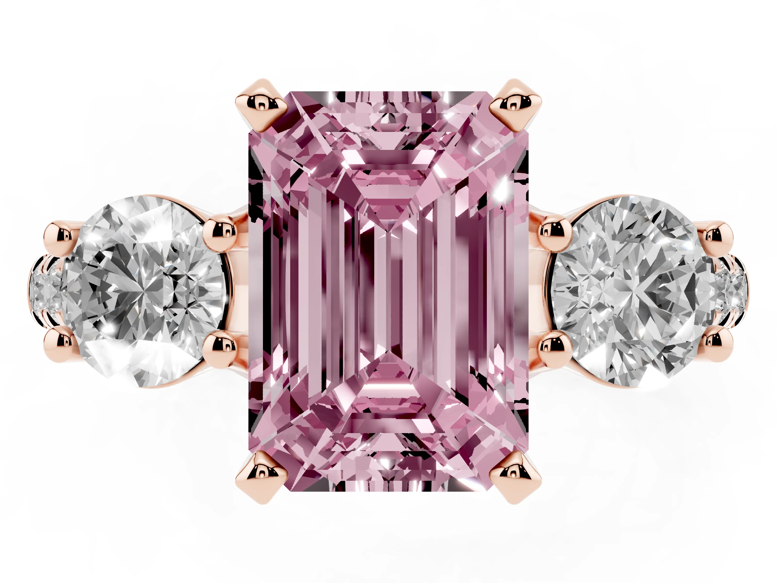 Fancy Pink Three-Stone Emerald Cut Diamond Pavé Band Ring Set in Rose gold with Prong-Set Trio