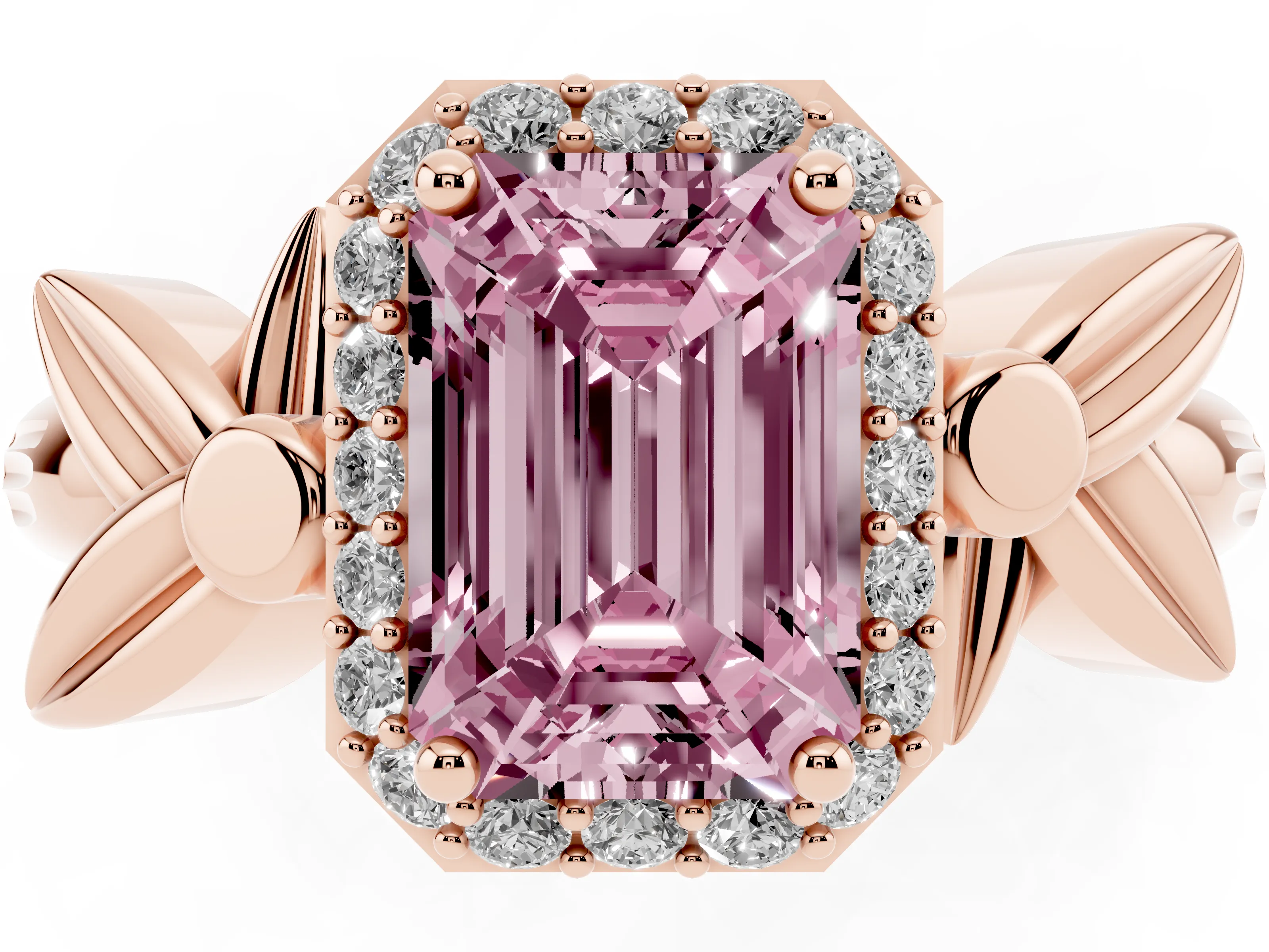 Fancy Pink Emerald Cut Diamond Halo Floral Band Ring Set in Rose gold with Prong Setting