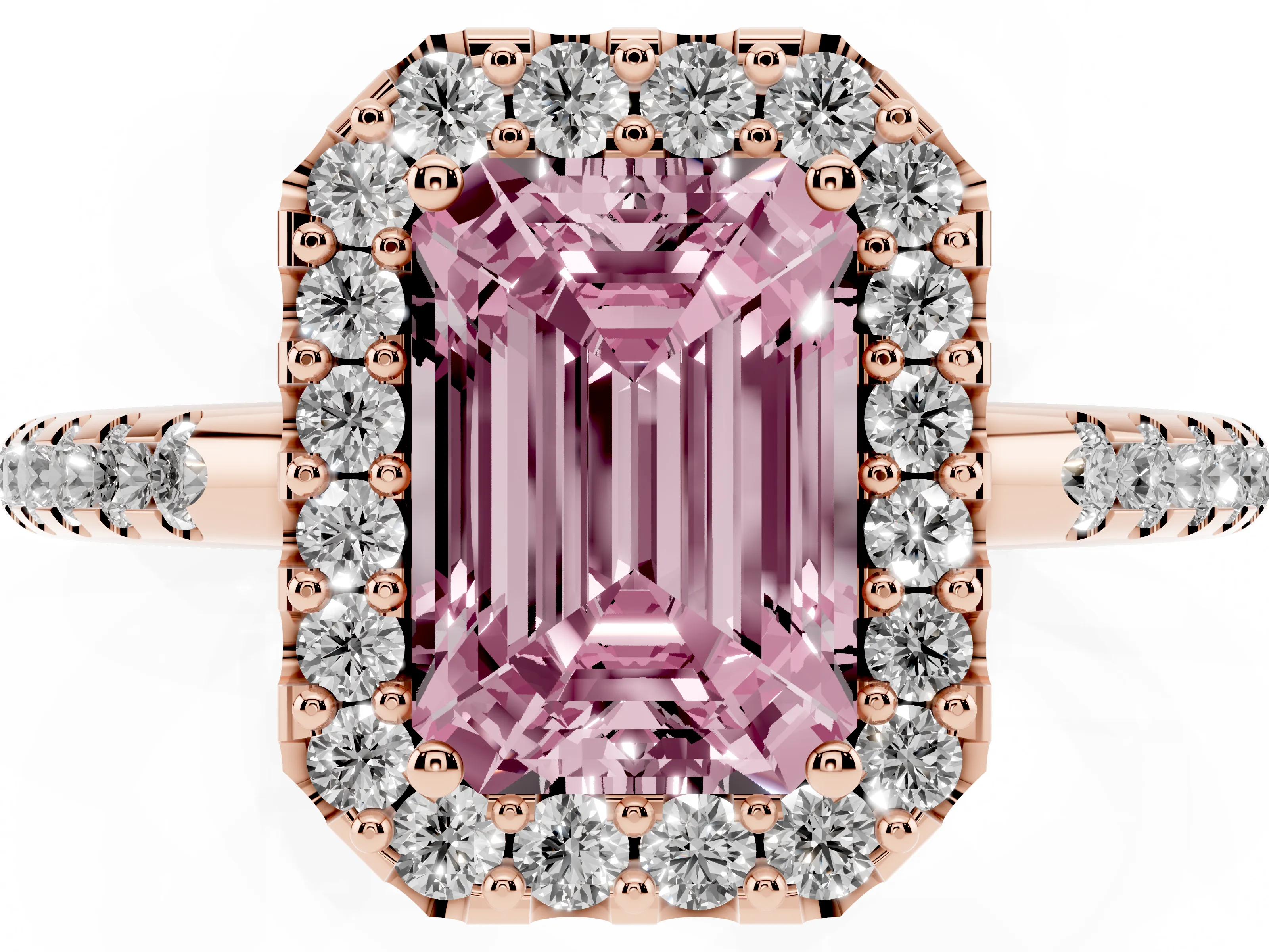 Fancy Pink Emerald Cut Diamond Pavé Halo Ring Set in Rose gold with Prong Setting