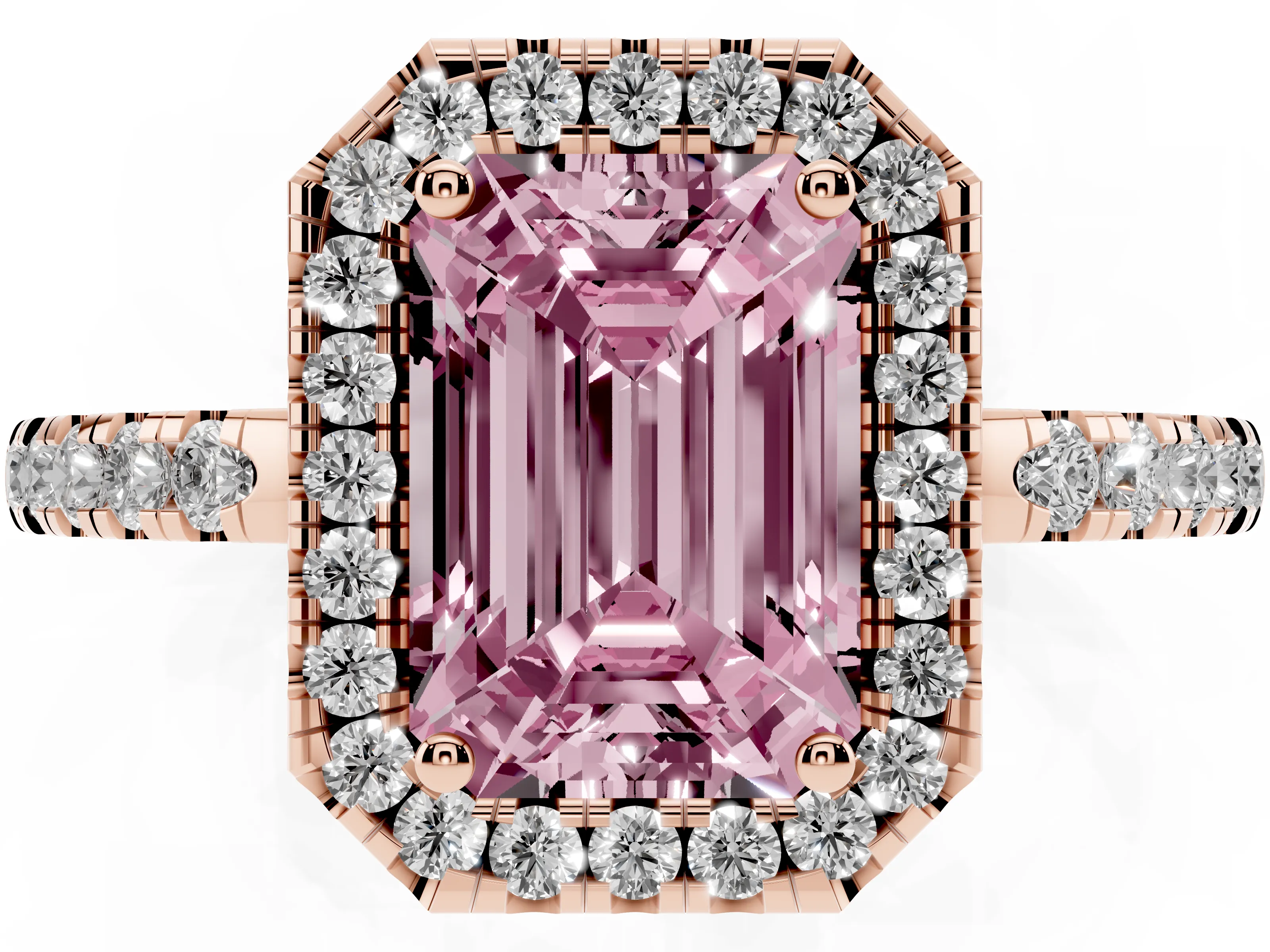 Fancy Pink Emerald Cut Diamond Pavé Band Halo Engagement Ring Set in Rose gold with Prong Setting