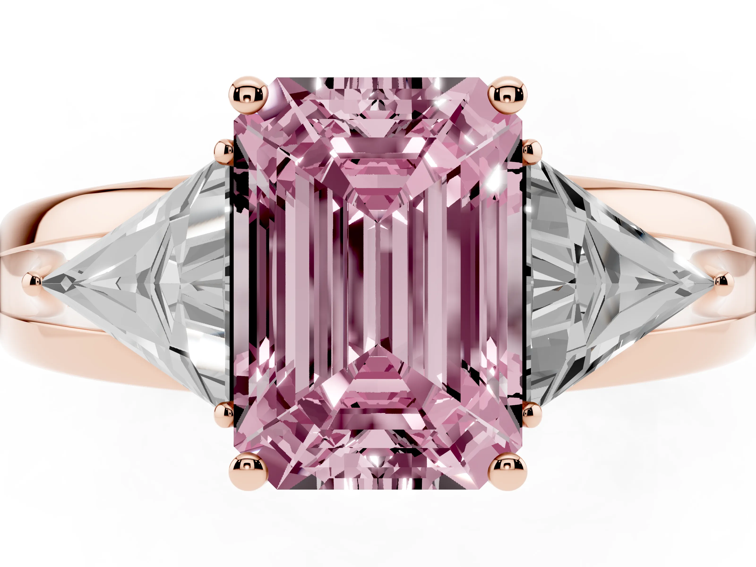 Fancy Pink Emerald Cut Diamond Three-Stone Ring Set in Rose gold with Trillion Side Stones and Split Shank