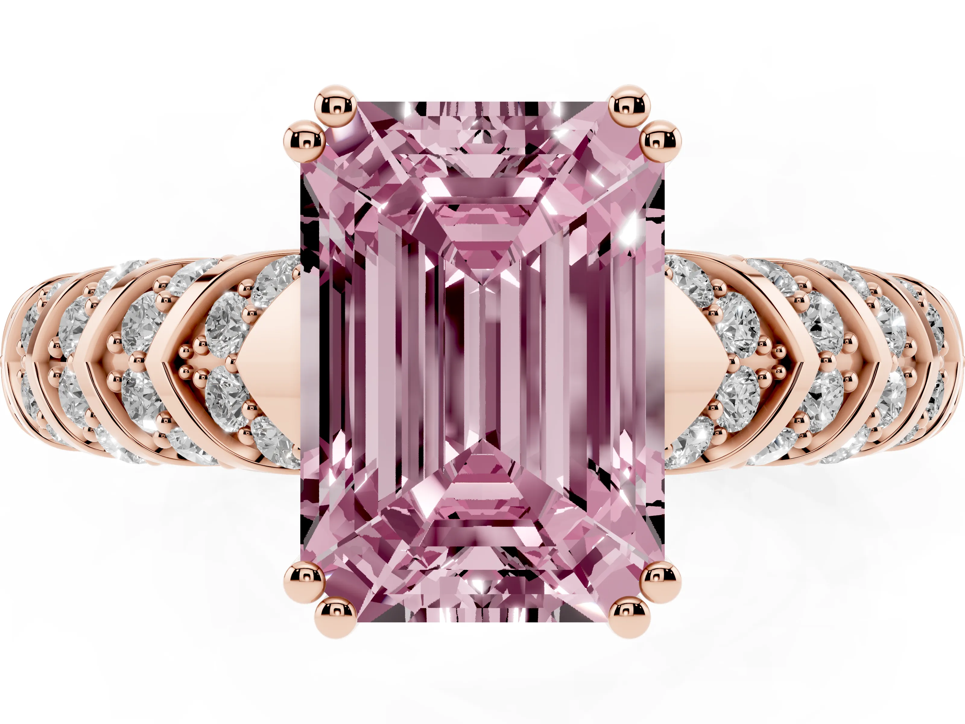 Fancy Pink Emerald Cut Diamond Solitaire Chevron Pavé Engagement Ring Set in Rose gold with Prong Setting