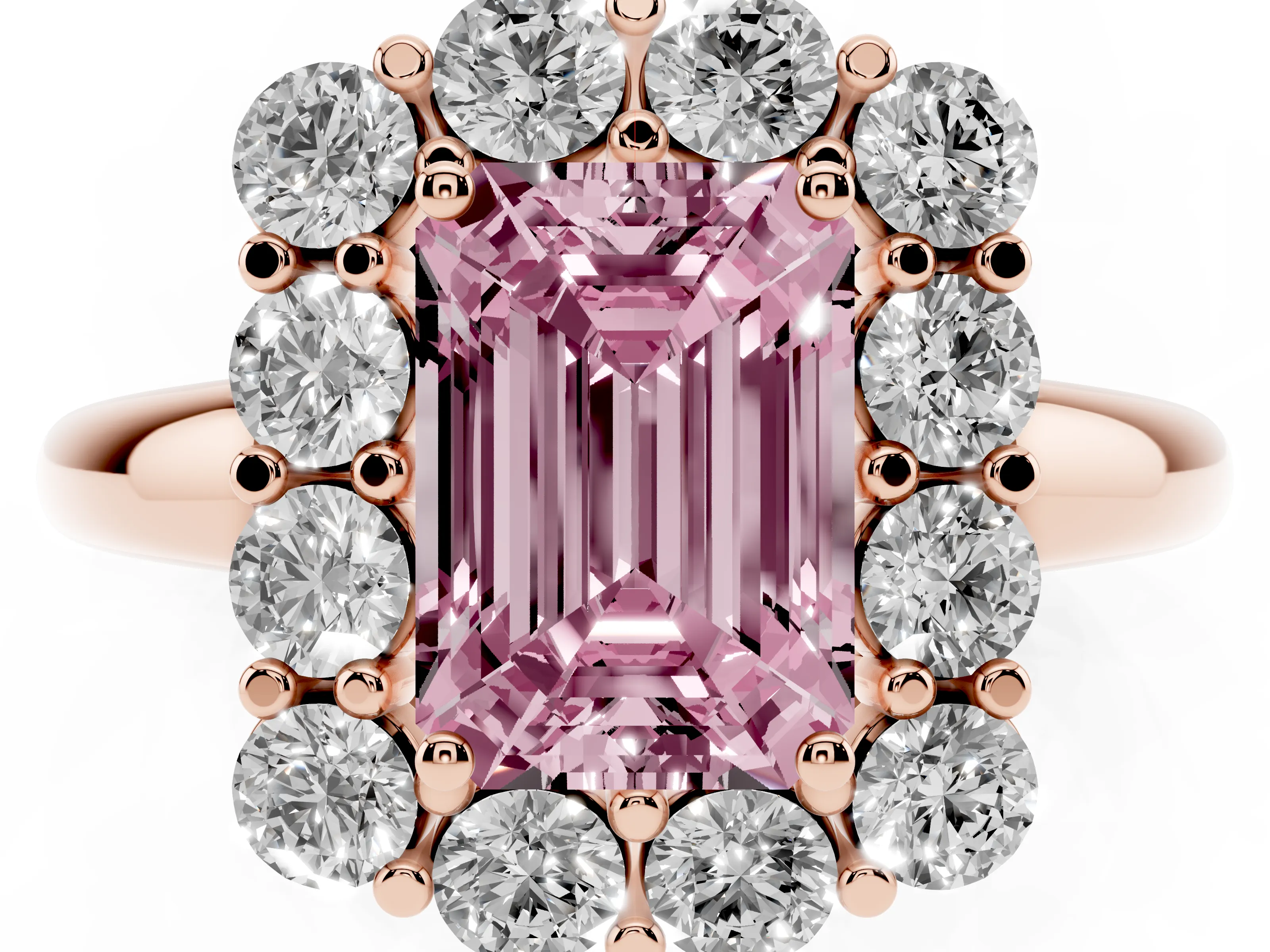 Fancy Pink Emerald Cut Diamond Halo Cluster Engagement Ring Set in Rose gold with Polished Band and Prong Setting