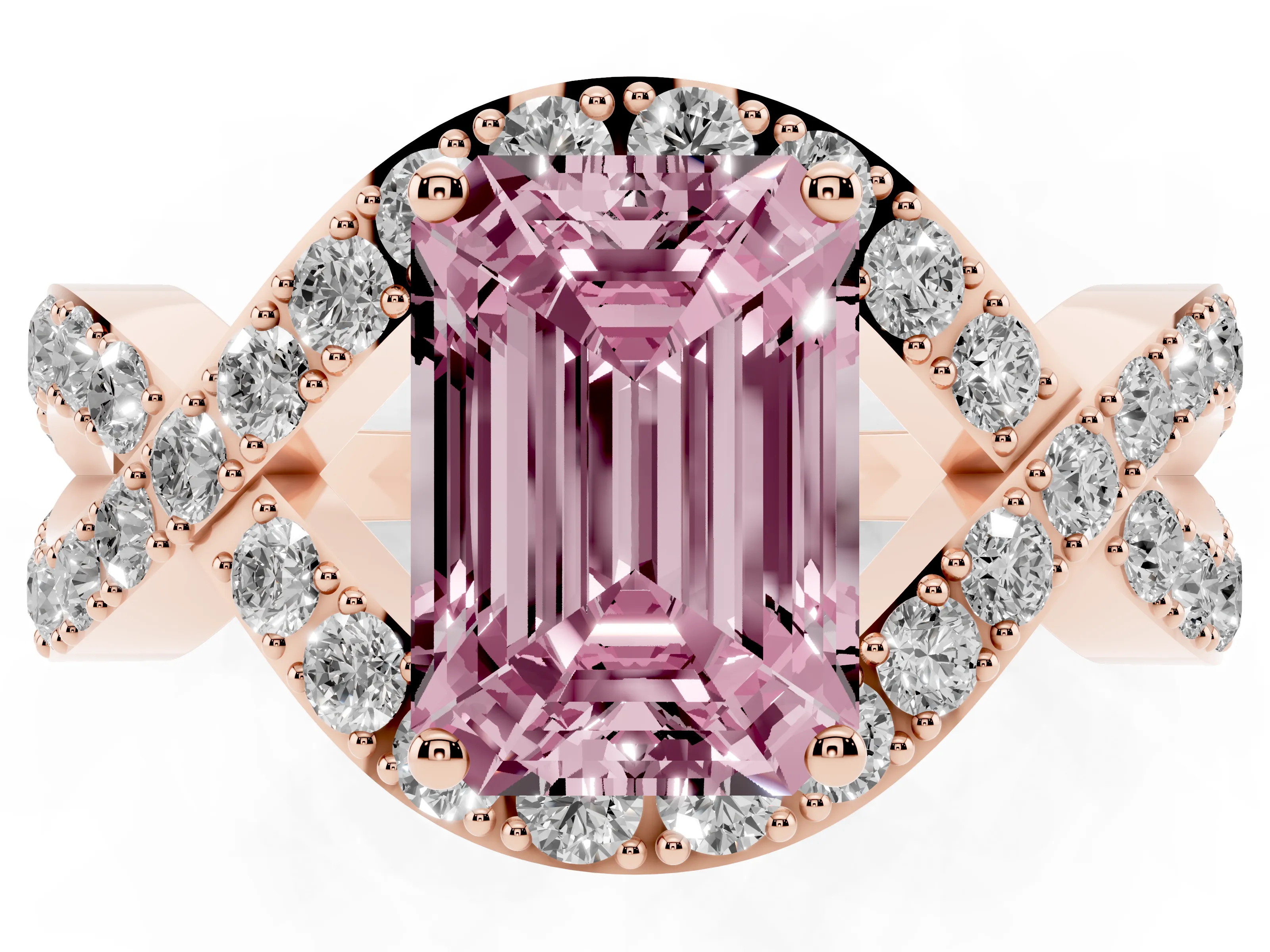Fancy Pink Emerald Cut Diamond Solitaire Twist Band Pavé Engagement Ring Set in Rose gold