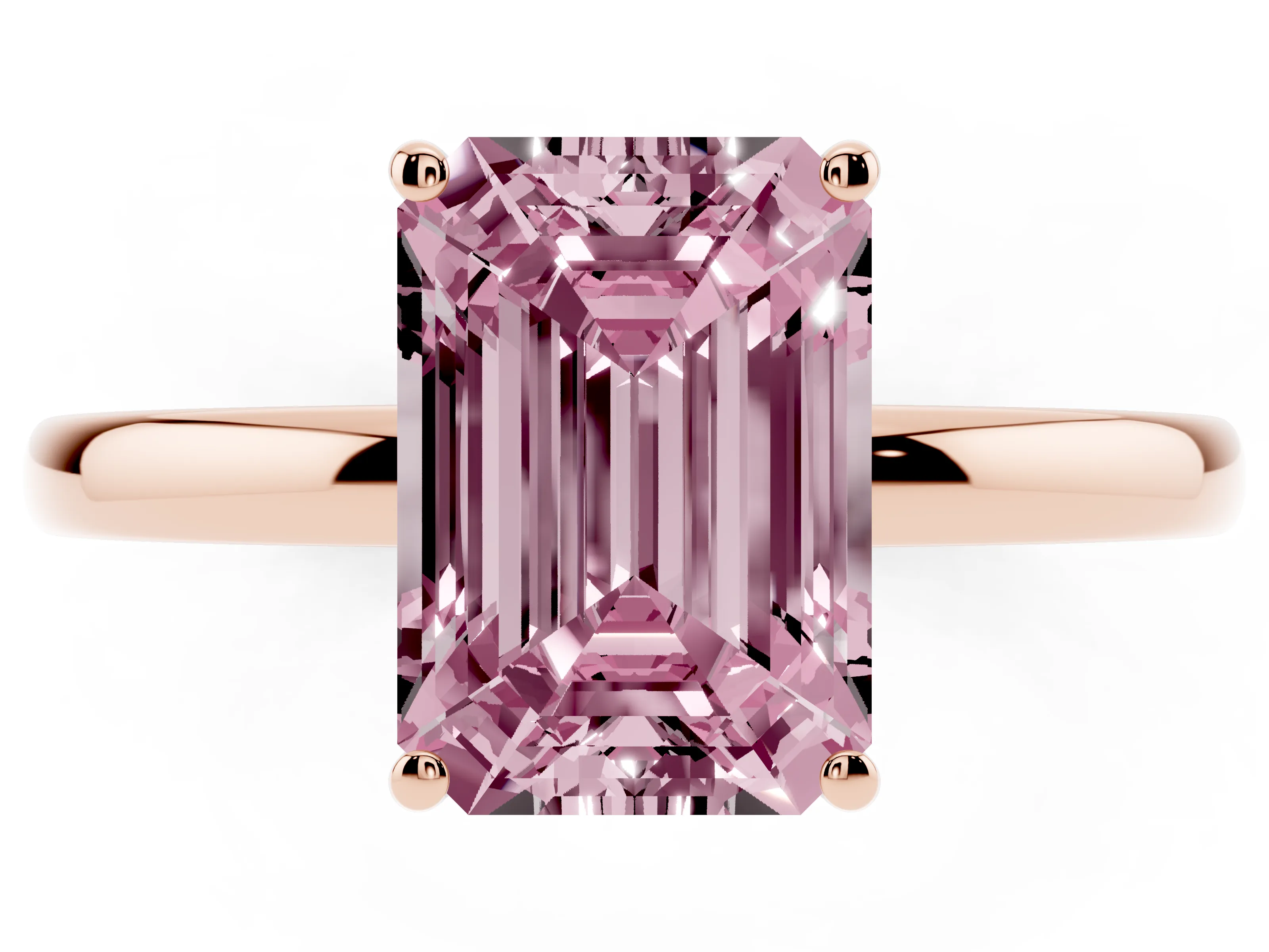 Fancy Pink Emerald Cut Diamond Solitaire Ring Set in Rose gold with Plain Band and Prong Setting