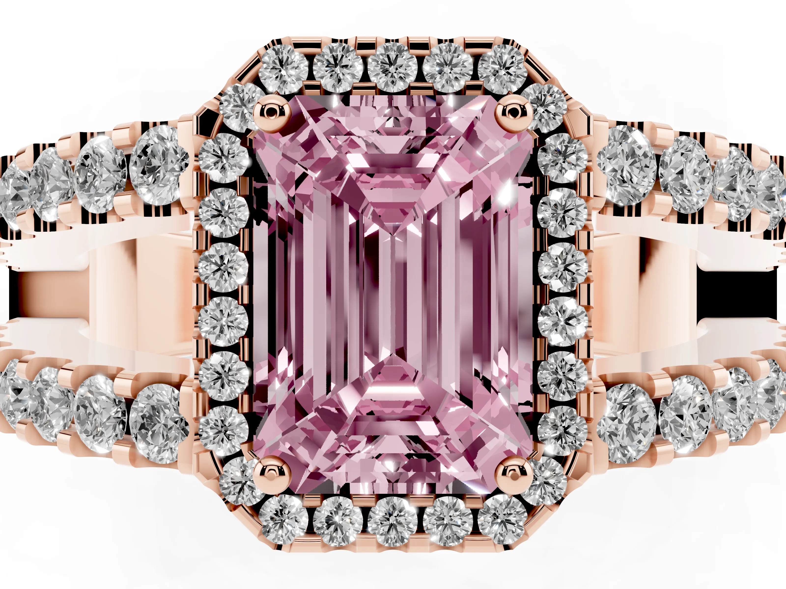 Fancy Pink Emerald Cut Diamond Halo Ring Set in Rose gold with Pavé Split Shank and Prong Setting