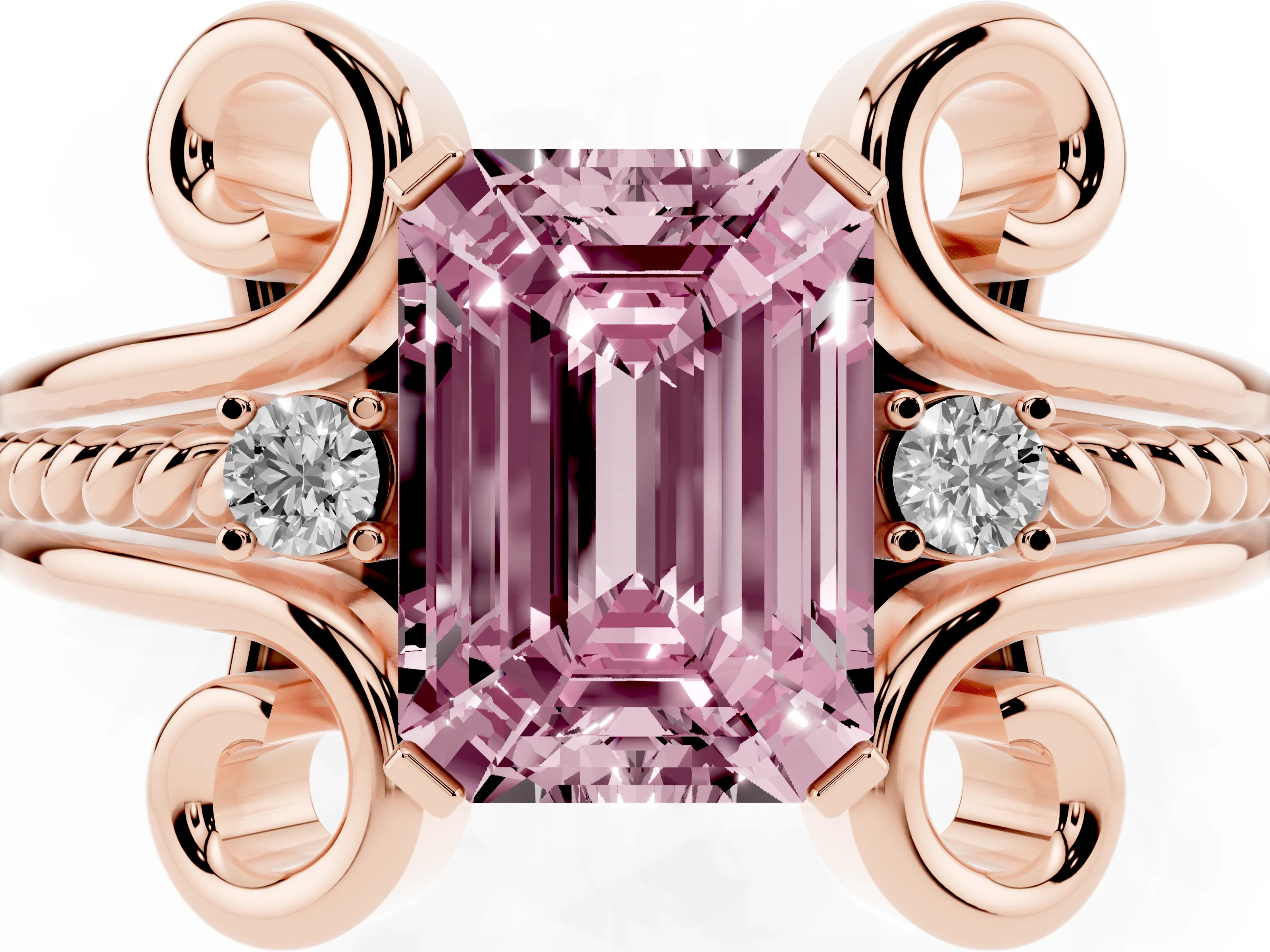 Fancy Pink Emerald Cut Diamond Twisted Band Solitaire Ring Set in Rose gold with Scroll Prongs