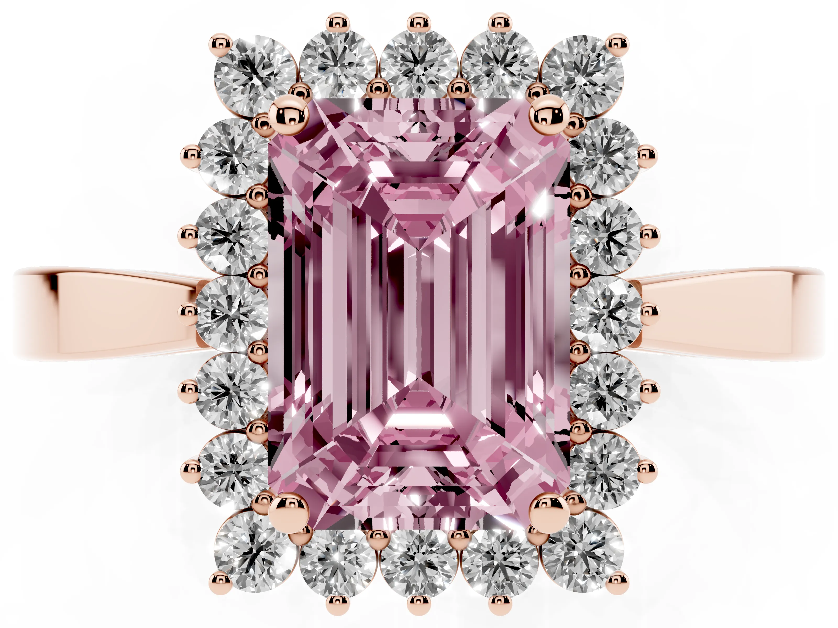 Fancy Pink Emerald Cut Diamond Halo Ring Set in Rose gold with Round Halo and Smooth Solitaire Band