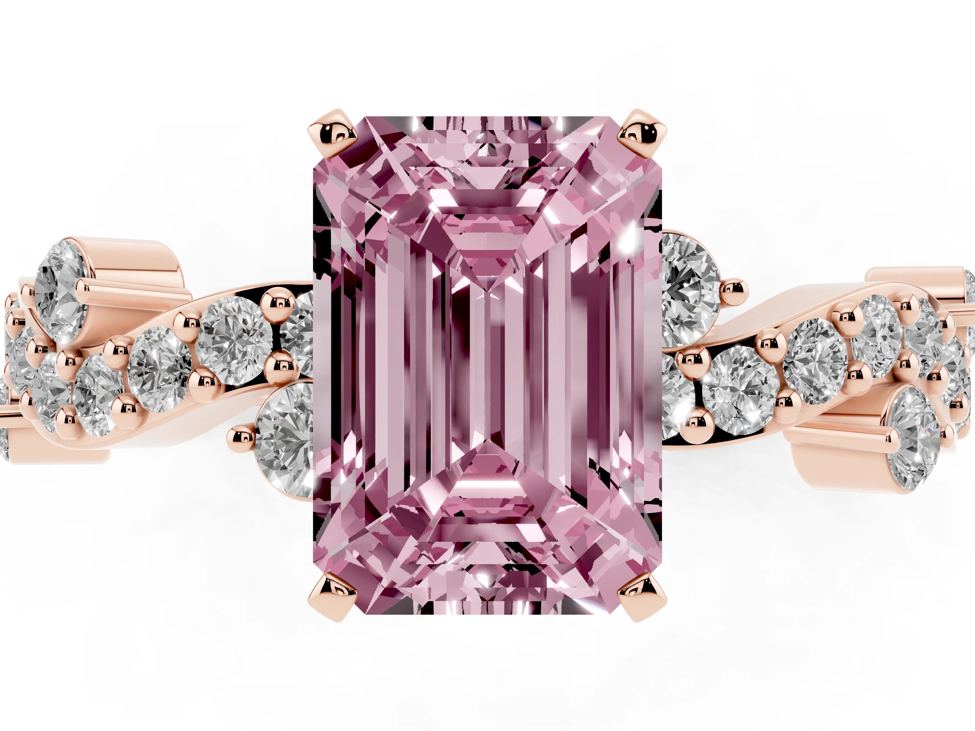 Fancy Pink Emerald Cut Diamond Solitaire Twisted Band Set in Rose gold with Pavé Setting