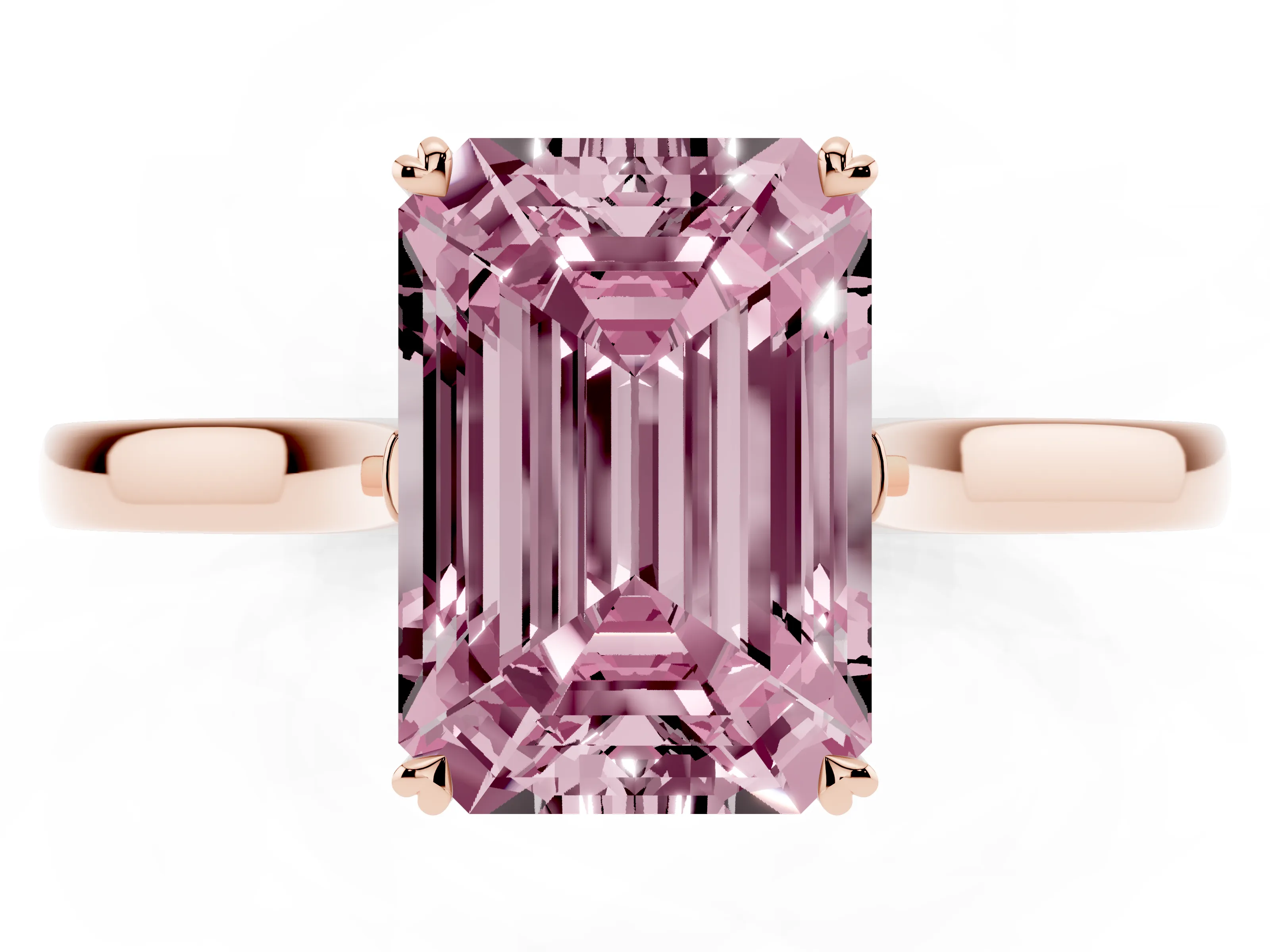 Fancy Pink Emerald Cut Diamond Solitaire Heart Prong Engagement Ring Set in Rose gold with Tapered Band