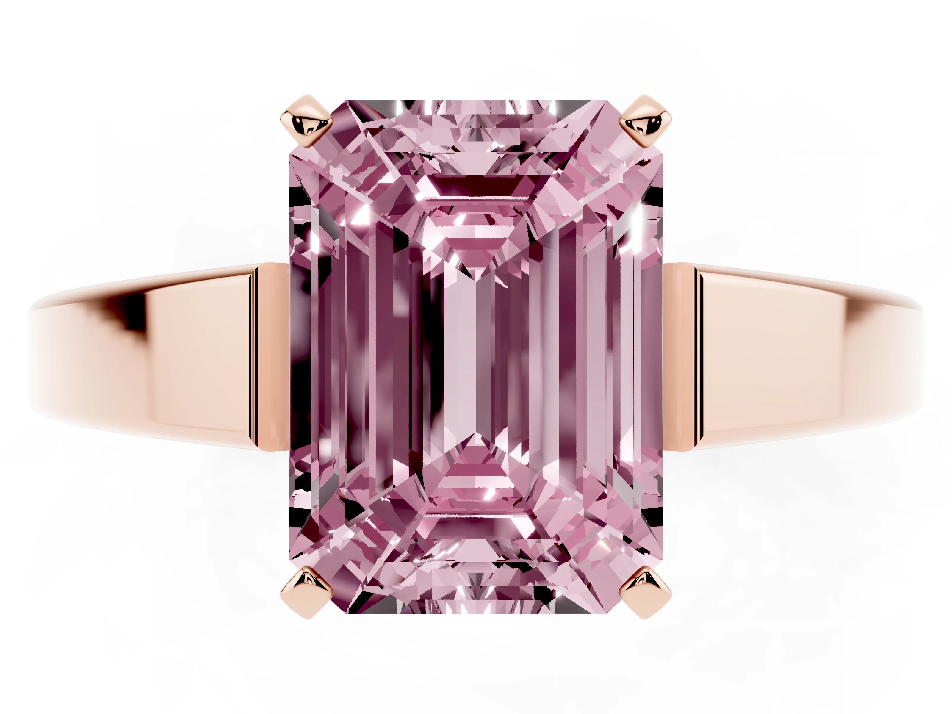 Fancy Pink Emerald Cut Diamond Solitaire Engagement Ring Set in Rose gold with Prong Setting and Tapered Band