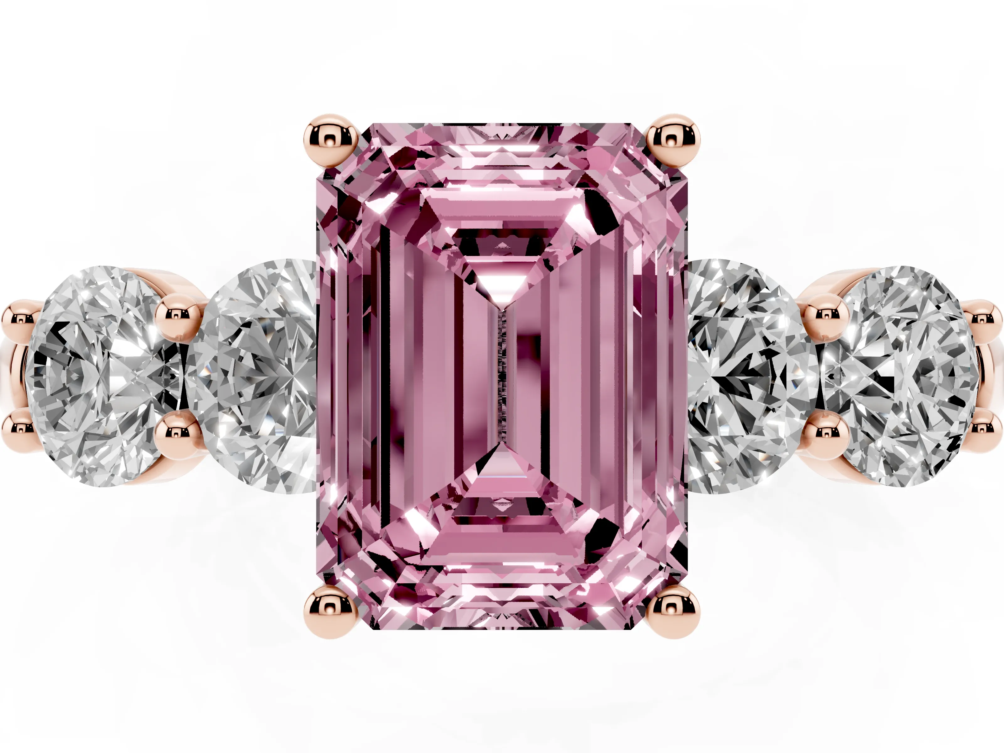 Fancy Pink Emerald Cut Diamond Five-Stone Prong Set Ring Set in Rose gold with Classic Band