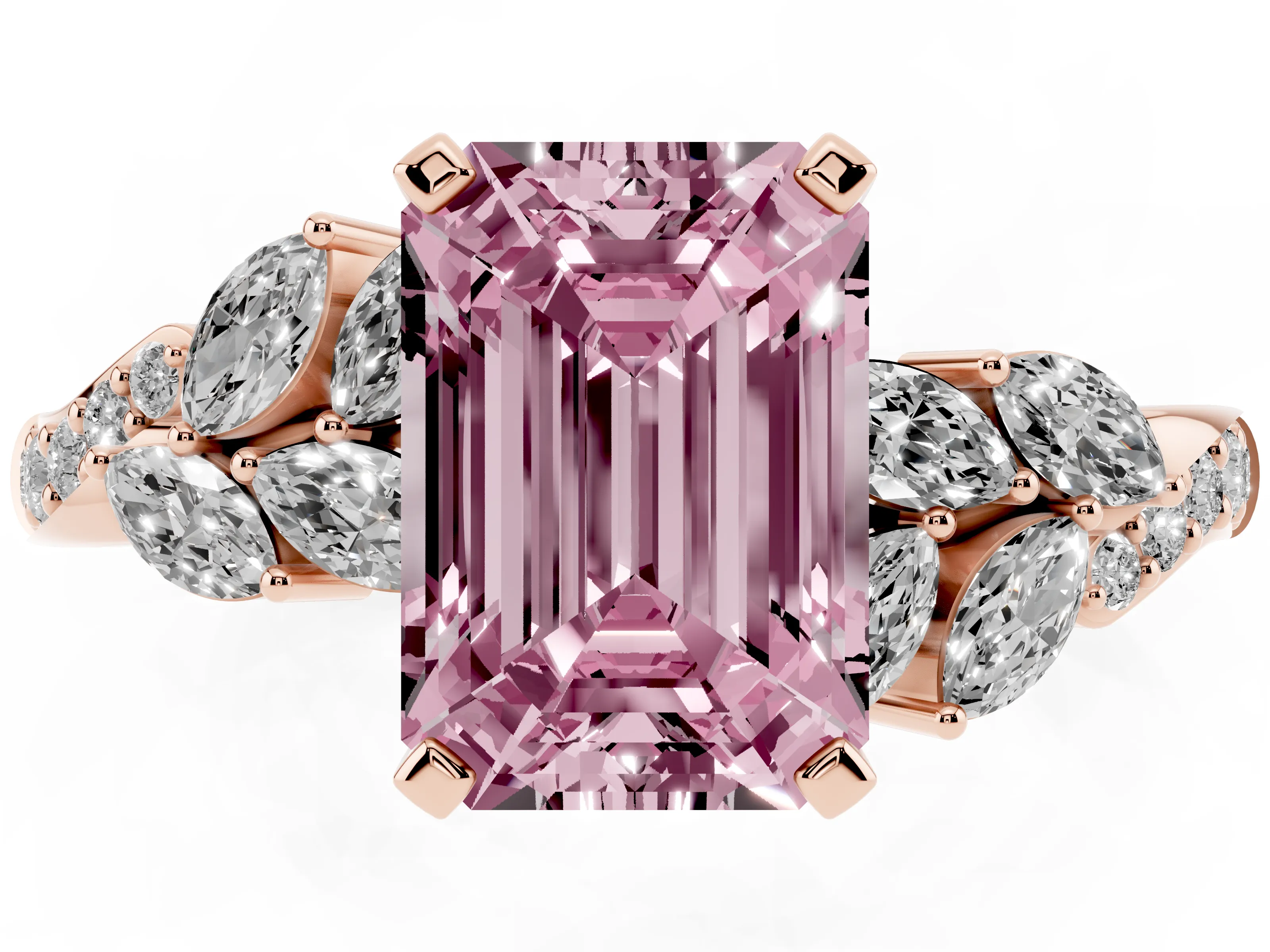 Fancy Pink Emerald Cut Diamond Solitaire Ring Set in Rose gold with Marquise Twist Band and Prong Setting