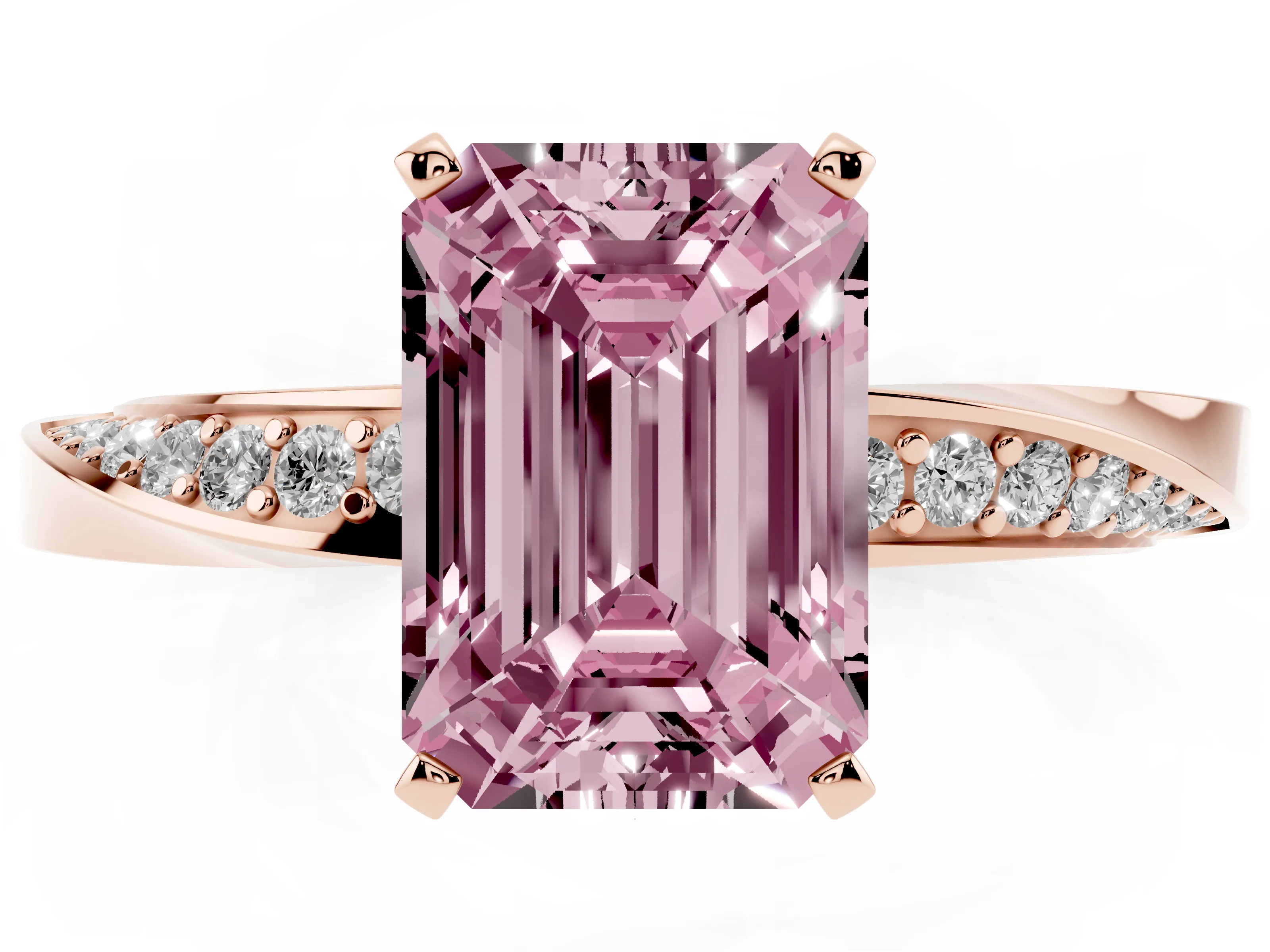 Fancy Pink Emerald Cut Diamond Engagement Ring Set in Rose gold with Side Stone Accents and Prong Setting